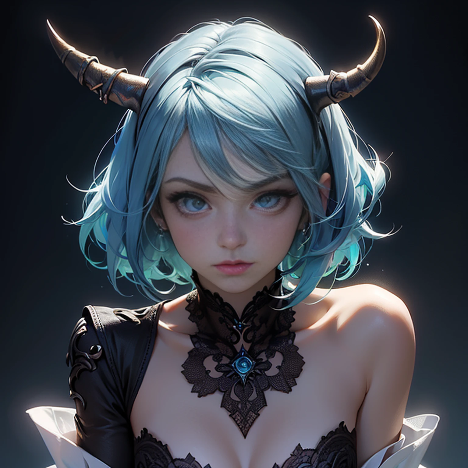 Portrait of a woman with amazingly beautiful short light blue hair、drooping eyebrows、big eye、Dark eyelashes、troubled look、de pele branca、holding a skull、barnacle、（highestdetailed）、（Highest image quality 8K）、Professional Shadow、chimera