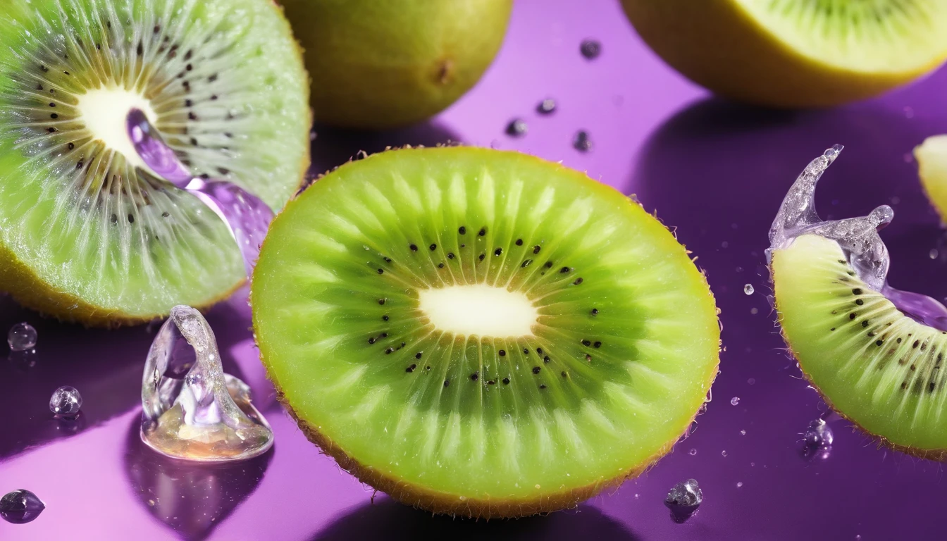 Commercial poster. whole lemon and kiwi. sparkle, glitter, lense flare, splash, high contrast, motion blur, bokeh, a deep purple-yellow gradient background, photorealistic, motion blur, spectacular and bright. best angle