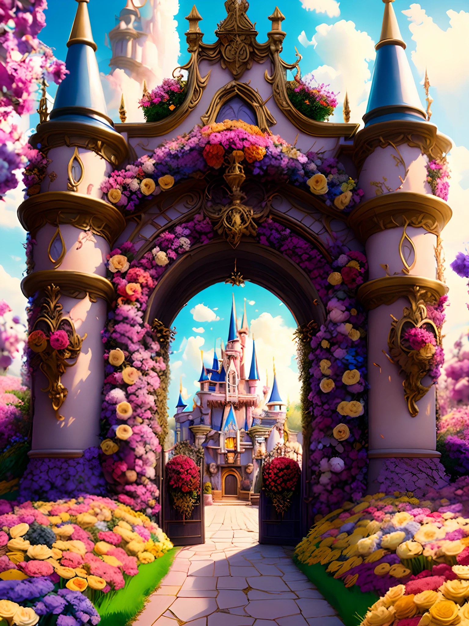 photo (FlowerGateway style:1) The castle entrance is surrounded by flowers, Disney