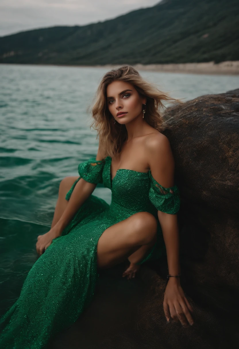 bionda girl, green eyes, photo in the sea, posing for instagram