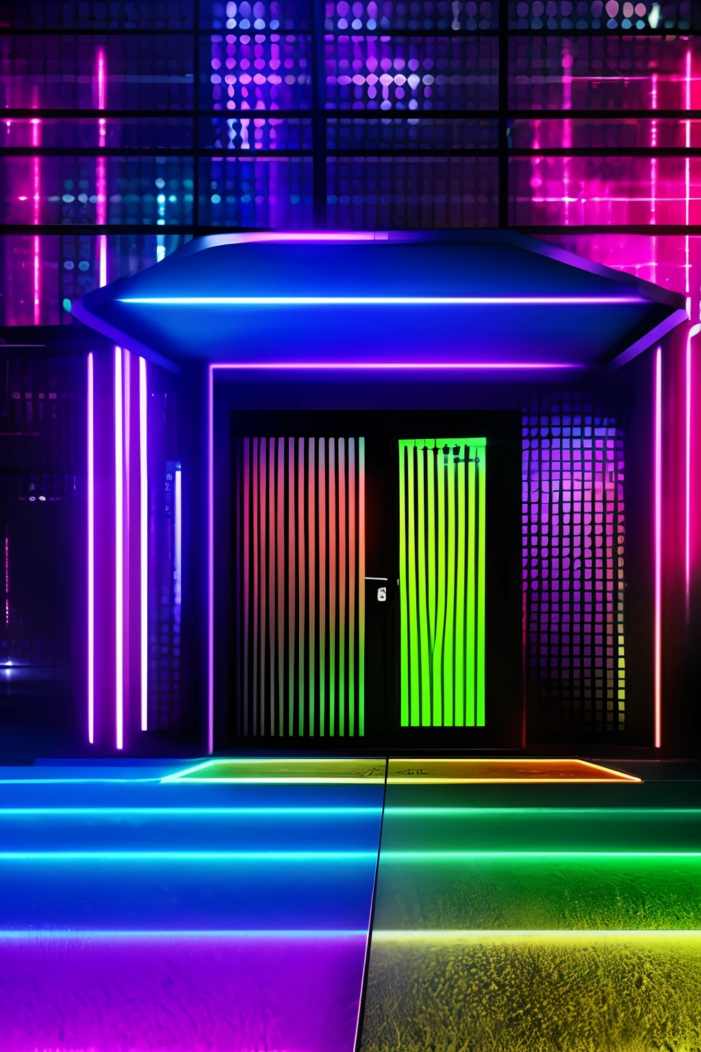 front wall of a nightclub, hidden door, UHD, ultra rendered, high detail, neon, perfectly rendered, fun, hyped up, hidden bar, full detail, glass, wall, with sticker and sign, colorfull