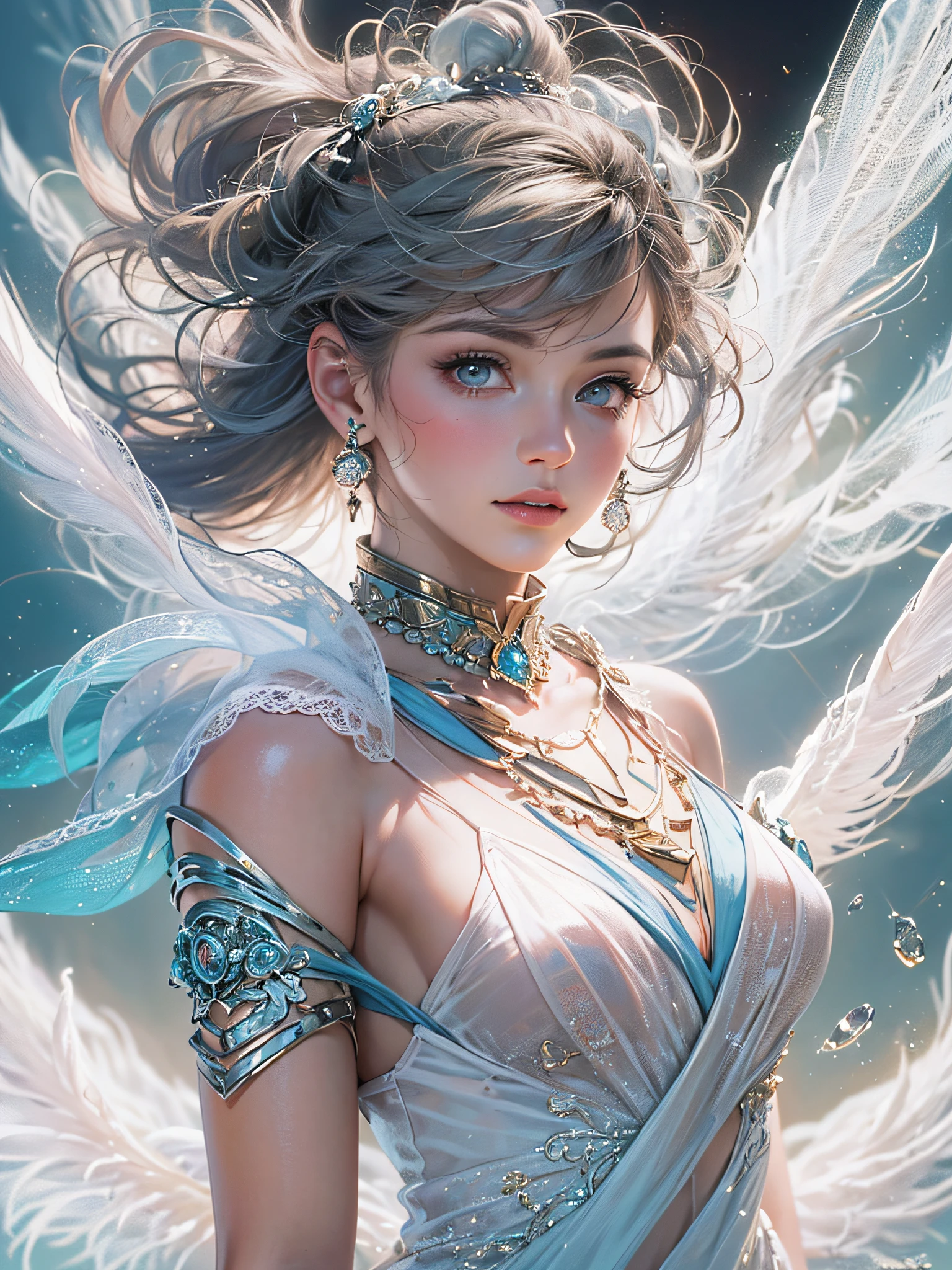 (a venus wearing a see-through silk toga:1.2),standing quietly,( soaring white feathers, wind blowing through, flowing hair, blue tone:1.2), shiny skin ,ultra-detailed face, detailed eyes, lustrous lips ,skinny physique, beautiful figure, elegant, vivid colors ,(official art, unity 8k wallpaper, ultra detailed, beautiful and aesthetic, masterpiece ,best quality, photorealistic:1.3),