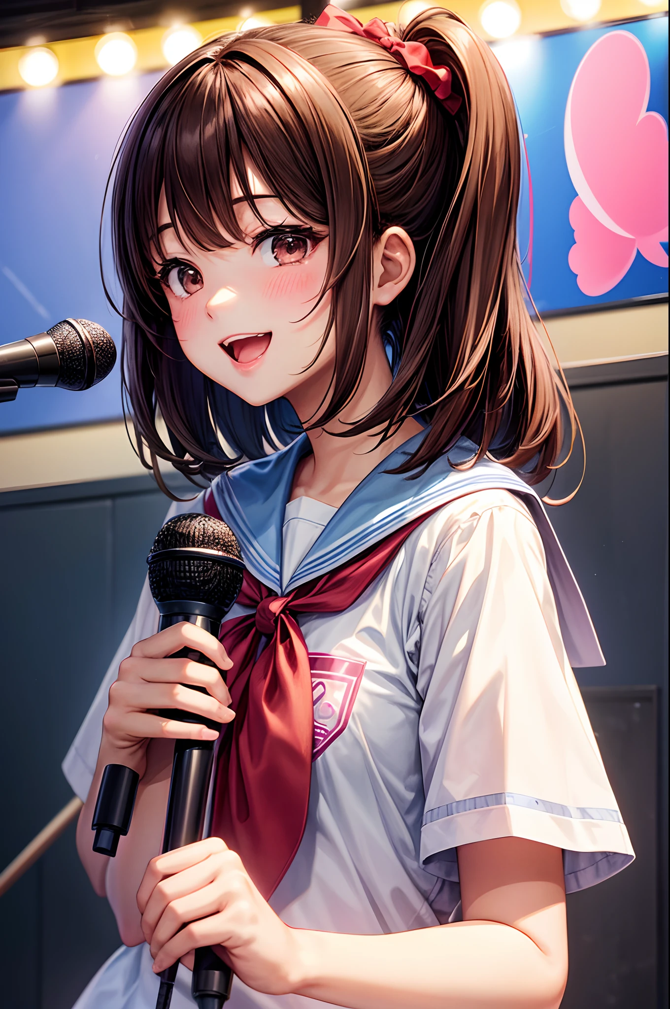 hi-school girl、、summer clothing、、Smile a lot、Very cute、Hairstyle with personality、bobhair、Brown hair、gals、Singing at karaoke、holding the mic、Pass the microphone、Be red in the face、Wink、seek a kiss、blink one eye。