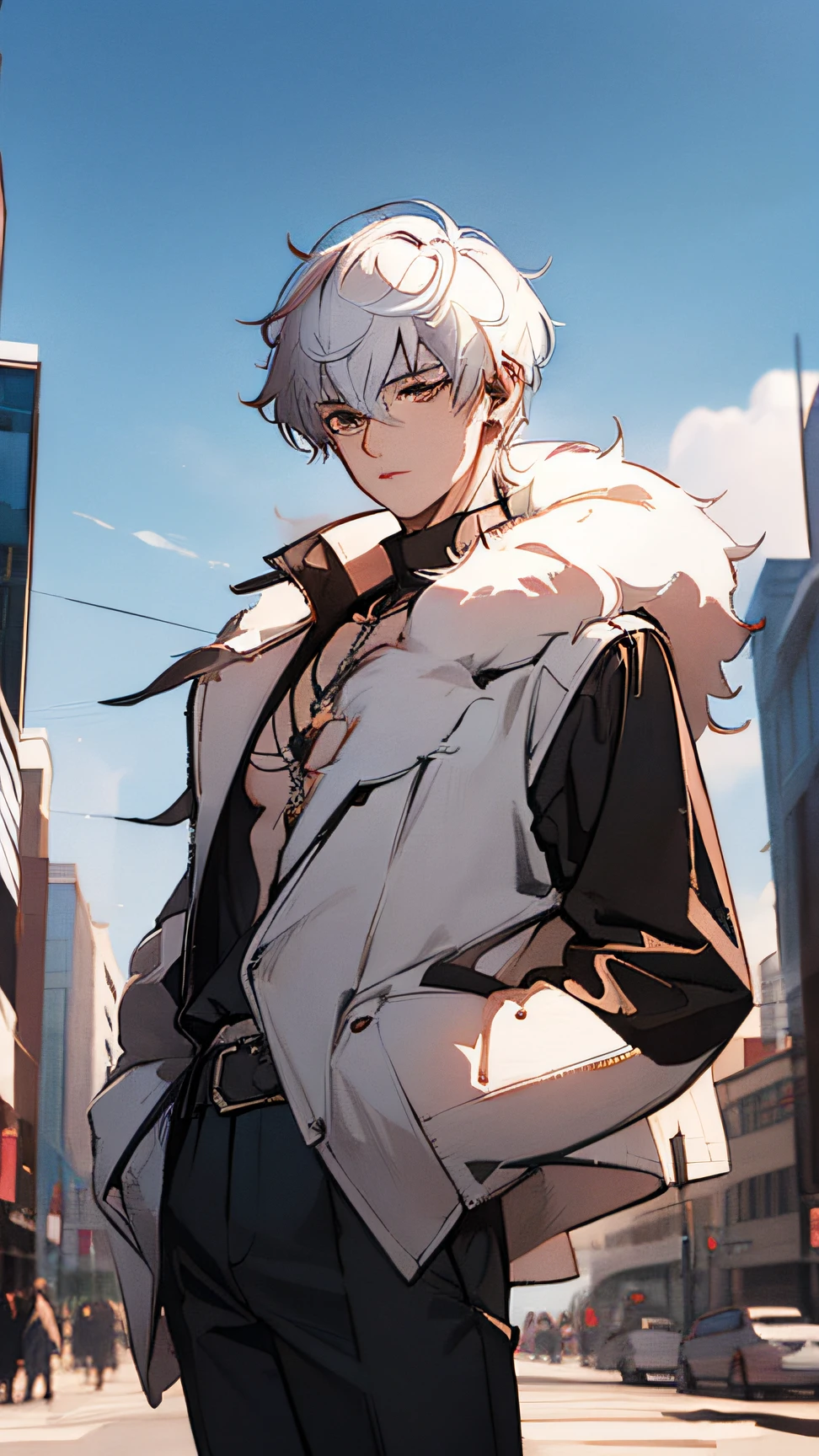 Best Quality,masutepiece,8K Wallpaper,absurderes, hight resolution, ultra-detailliert, (1 young beautiful boy, Solo:1.1)white  hair,Fur coat,Leather trousers,Shadow Puppet,Cityscape, Skyscraper,east_Asian_architecture, street
break