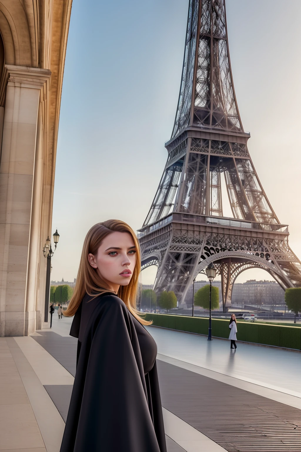 (Best quality, high resolucion, professionnel, Realstic:1.37), Hdr, softlighting, Detailed, jeune femme, Devant la Tour Eiffel, Porter une longue abaya, resembling Scarlett Johansson, avec un visage long, Frapper un beau nez de bouton, et un front large