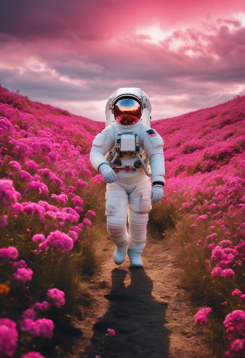 Astronaut walking in a sea of flowers dotted with pink clouds，One astronaut，Astronauts cannot leave this planet，Astronauts get lost in infinite space.