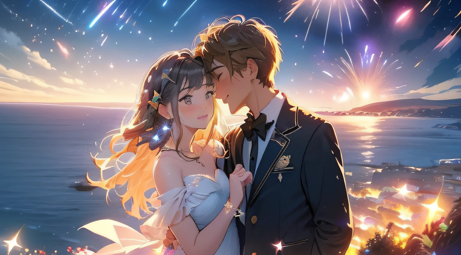 a young man and a woman,cliffside,Under the cliffs is the sea,kisses,Natural expression,((Best quality, A high resolution, Masterpiece:1.2)), (Romantic), (newlyweds:1),(Happy smile),(Clear facial features:1.5), Delicate facial features, Clear facial features, Optimized details,(Stargazing at the top of the mountain), (Spectacular sky fireworks display), (Colorful fireworks), (Giant fireworks), (Wedding dress), (suit), (glittering stars:1.5), Romantic couple photo, cinematic Film still from