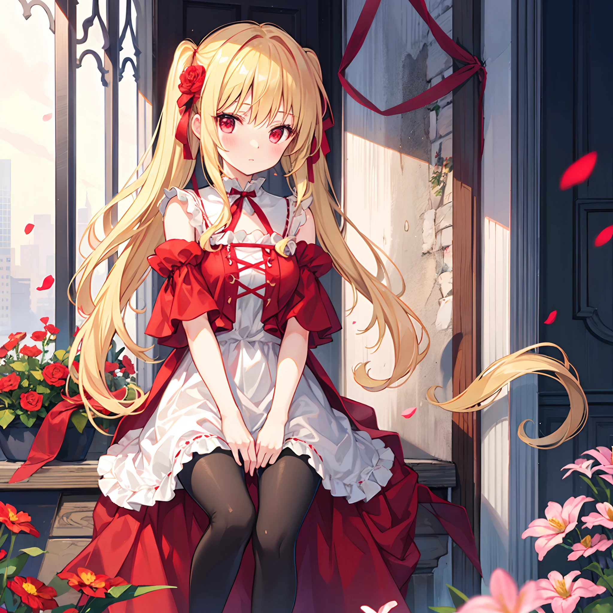 a blond、poneyTail、Red ribbons、red eyes、Beautiful girl alone、red blush、Fluffy clothes、Black tights、flower field