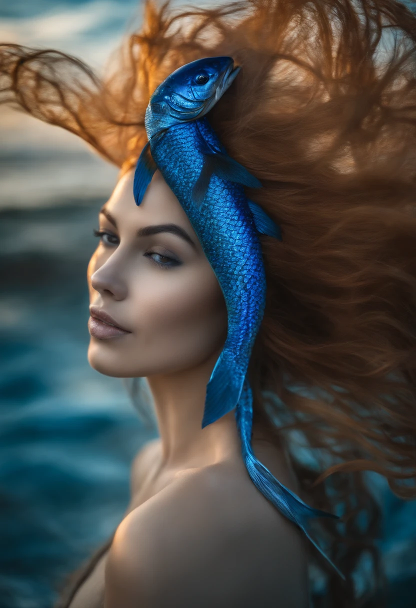 Mulher peixe de pele azul segurando um tridente
