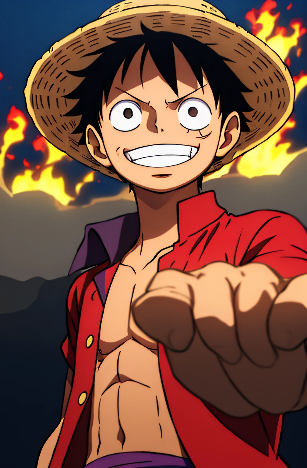 1boy, wanostyle, monkey d luffy, smiling, straw hat, looking at viewer, solo, upper body, ((masterpiece)), (best quality), (extremely detailed), depth of field, sketch, dark intense shadows, sharp focus, soft lighting, hdr, colorful, good composition, fire all around, spectacular, closed shirt, anime screencap, scar under eye, ready to fight, black eyes