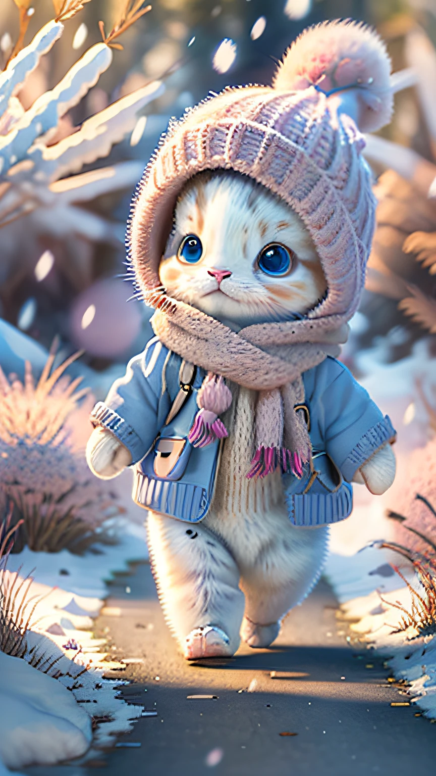 Cute kitten wearing knitted hat, fluffy sweater and red scarf is walking along a path in a park rich in nature。The surrounding thickets are covered with white snow、Peony snow is fluttering smoothly。Hurrying home with his favorite sea bream in his hand。Anyway cute calico kitten。, first-person view, f/1.8, 85mm, Sony FE GM, UHD, retina, masterpiece, ccurate, anatomically correct, textured skin, super detail, high details, high quality, award winning, best quality, highres, 1080P, HD, 4K, 8k