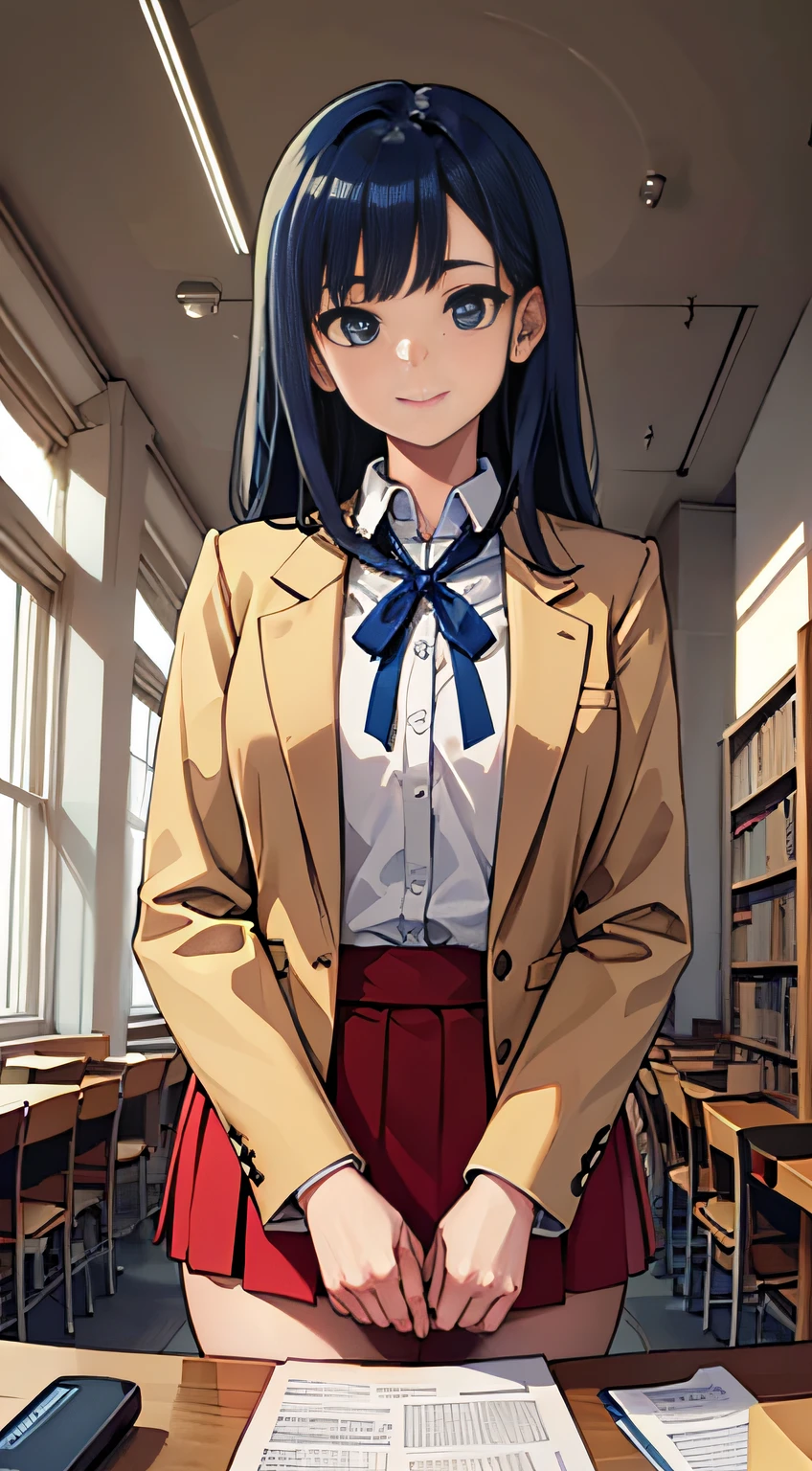 ((masterpiece, top quality)), (solo), distance view, blue hair, tips bouncing outward, fringe to chest, waist length hair, flat chest, slim thighs, kind smile, talking to, uniform, red blazer, beige skirt, long white shirt, chest blue ribbon, college student, soft skin, nice big dark blue eyes (high detail eyes), library, standing by counter, looking up for perspective, overhead composition, lens flare fine features, perfect anatomy, centered, perfect distance, highly detailed, complex, precise Highly Detailed, Rich Colors, Rich Colors, Accurate, Clean, Rich Colors, Exquisite Detail, Golden Ratio Illustration
