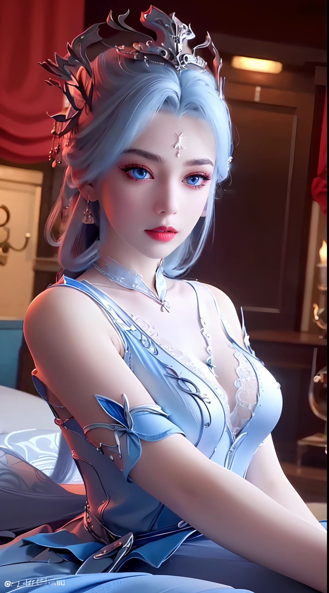 An extremely beautiful girl, (((Super thin white nightgown with sexy blue lace trim:1.7))), ((lying in bed:1.5)), long hair and silver bangs with a hint of light blue, the most beautiful and detailed hair jewelry, beautiful little face thin eyebrows, the most beautiful and spotless face, ((black iris:0.8)), the very beautiful eyes, big round eyes, ((blue color eyes:1.1)), fine and detailed makeup eyelashes, high nose, wearing earrings, small red lips, rosy face, clean face, beautiful face without blemish, smooth white skin, ((big breasts: 0.9)), Blums boobs, ((big and super round breasts:0.9)), ((super tight breasts:1.2)), ((breast augmentation: 0.8)), beautiful breasts, slim and petite body, ((thin waist: 0.9)), upper body of a beautiful girl, sexy girl, skirt, lace mesh socks to match the color of the outfit, fishnet stockings color coordinated according to the outfit, ((lying position with legs bent: 1.6)), ((chubby body:1.6)), 8k photo, super high quality, super realistic, 10x super pixels, photo realistic, dark studio, border light, two tone light, (detailed skin high: 1.2), 8k uhd, dslr, soft light, high quality, volumetric light, candid, Photo, high resolution, light, best photo, 4k quality, 8k, Bokeh, Smooth and sharp, pixel up 10 times, lightning, super graphics, the most realistic graphics, (((Luxurious bedroom and bed background: 1.6))), 1 girl, alone, solo, ((frontal portrait:1.5)), Extremely sharp, super realistic images."