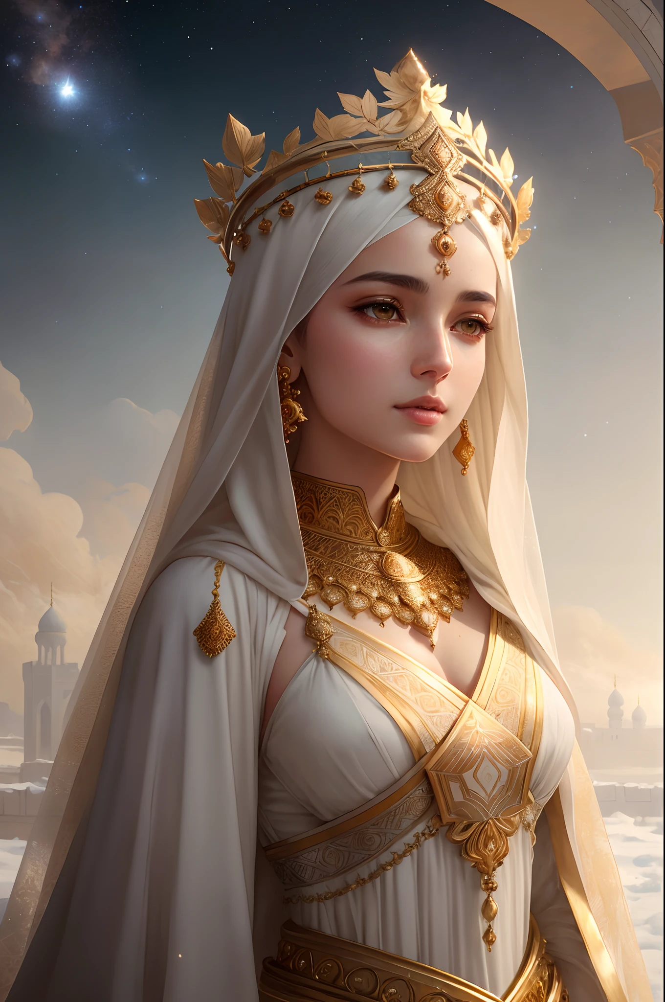 Soft and dreamy 8mm lens portrait of an Arabic dev brama of a universe adorned with a natural crown of gold and leaves and masses, ethereal dress. Soft snow sky. Using 8K High Definition. Art styles Greg Rutkowski , Android Jones , Tamsyn. Intricate dynamic lighting, elegant and highly detailed ultra-realistic, cinematic and octane rendering