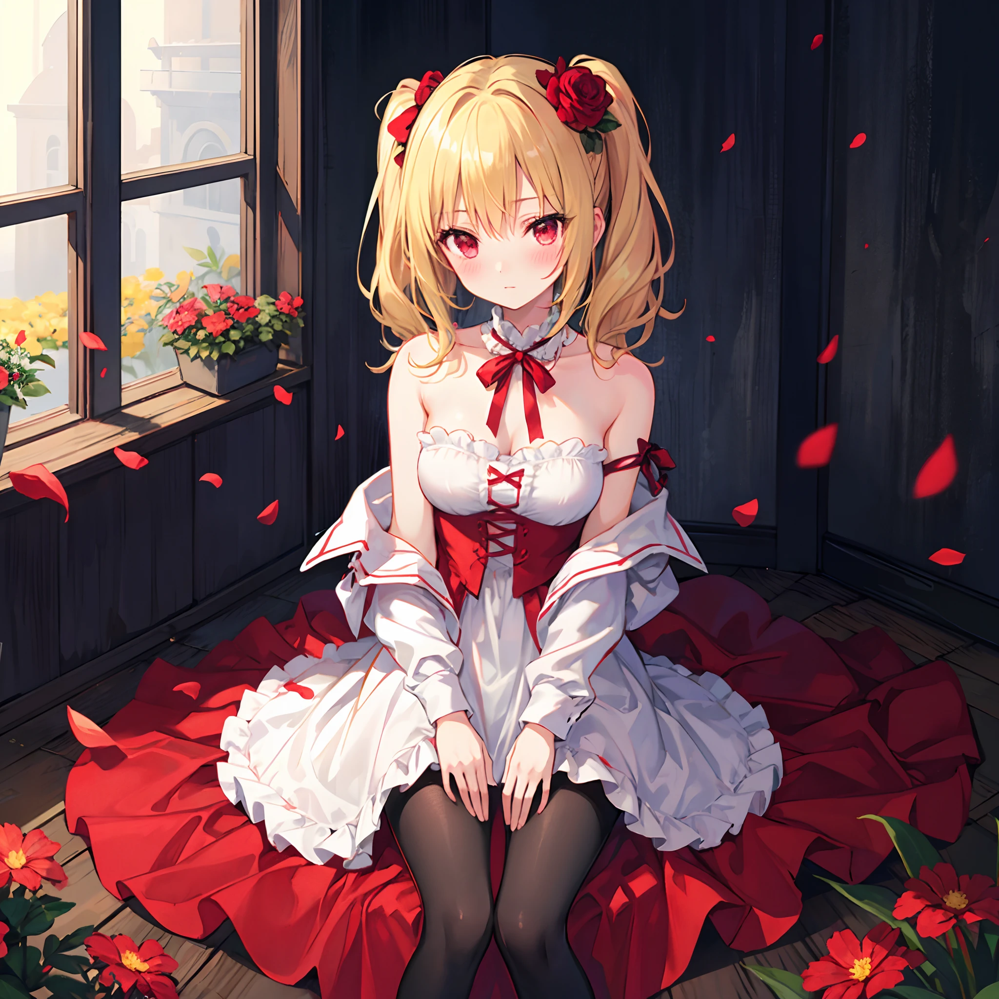 a blond、poneyTail、Red ribbons、red eyes、Beautiful girl alone、red blush、off shoulders、Black tights、flower  field