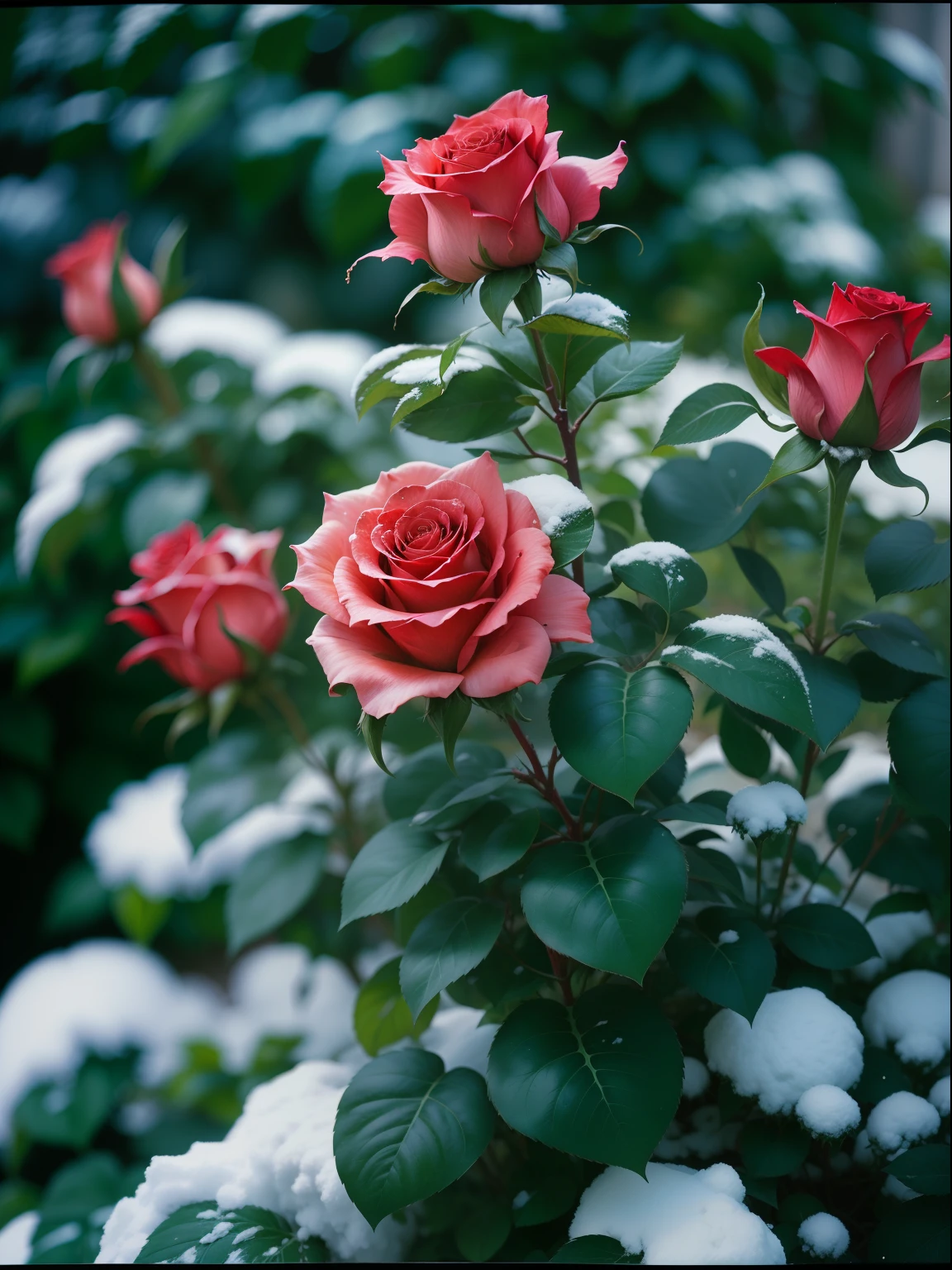 Close-up of one rose, Red roses grow on the bushes, The leaves and petals are covered with dust and snow,shot with a Canon 35mm lens, Photo of roses, Shot on Pentax K1000, Removed from Pentax 1000, Two 5mm ports, Shot at Kodak Portra, Rosa Twinings, red rose, 35 mm shot