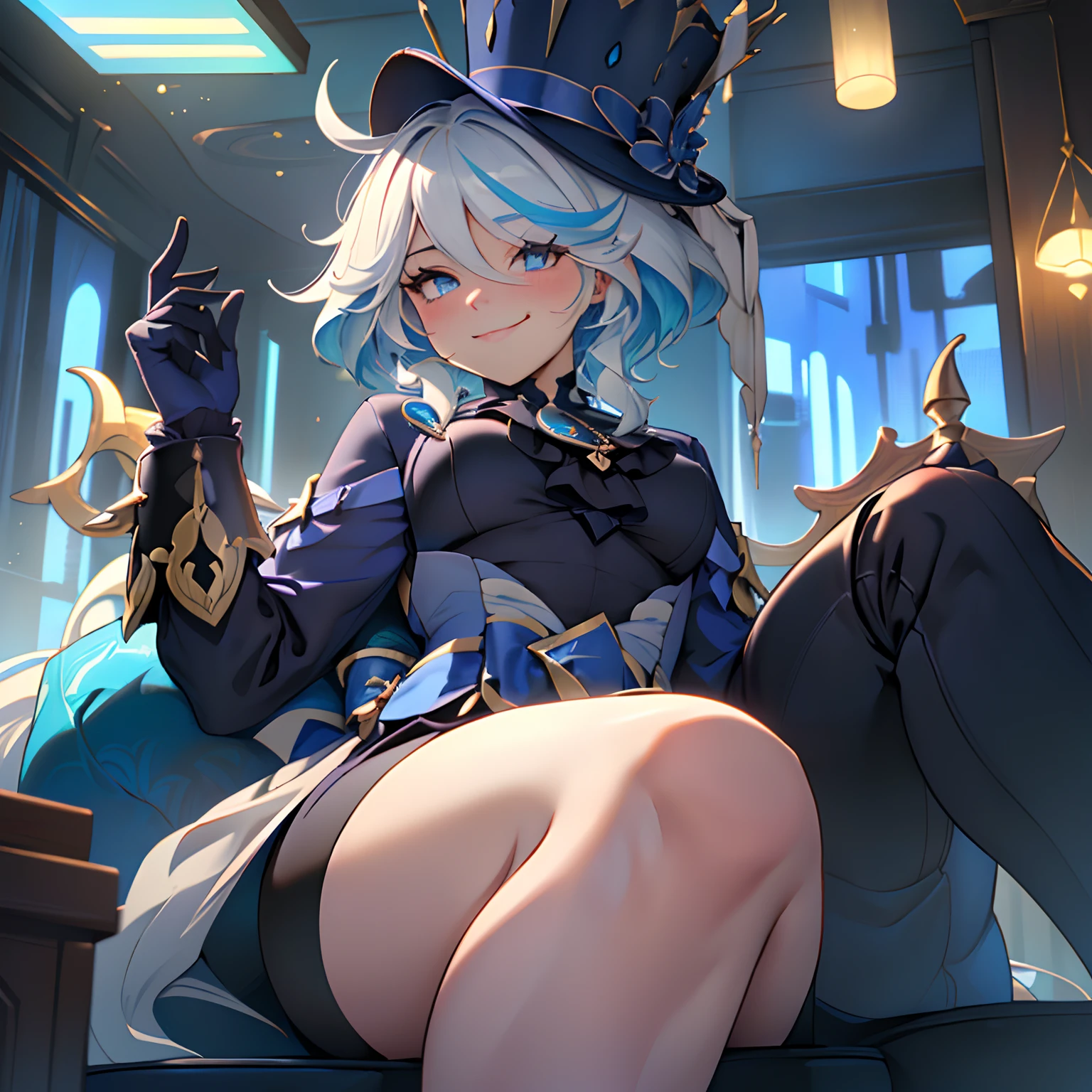 Furina, Surrealism, 8k, super detail, hydro aarchon, thicc thighs, sitting, bratty face, smug, beautiful eyes, genshin, masterpiece, best quality, ultra-detailed, illustration, epic lighting, cinematic composition, isometric, 1girl, solo, cute,enchanting gaze, captivating pose, indoors, looking at viewer, blush, seductive smile, closed mouth, bratty, smug(8k:1.1),