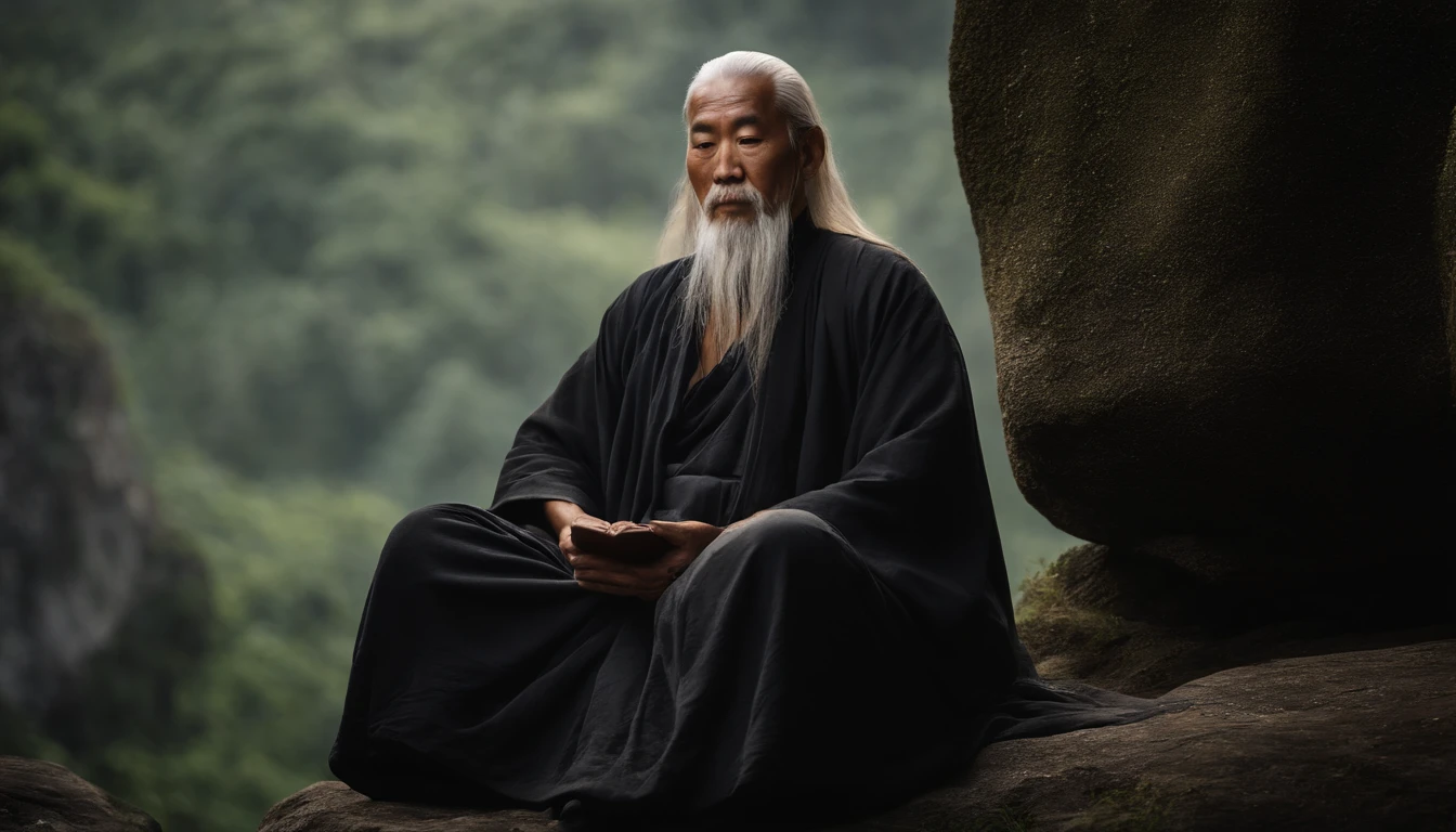 A 30-year-old middle-aged Asian Taoist elder sitting in a stone close-up,long, whitish hair,barba longa,Cross-legged meditation,Taoism, Vestindo um manto cinza,magical aura,taoist master,taoist,cores muito brilhantes, light particles, com luz brilhante, Mshiv, Arte do papel de parede, Papel de parede UHD