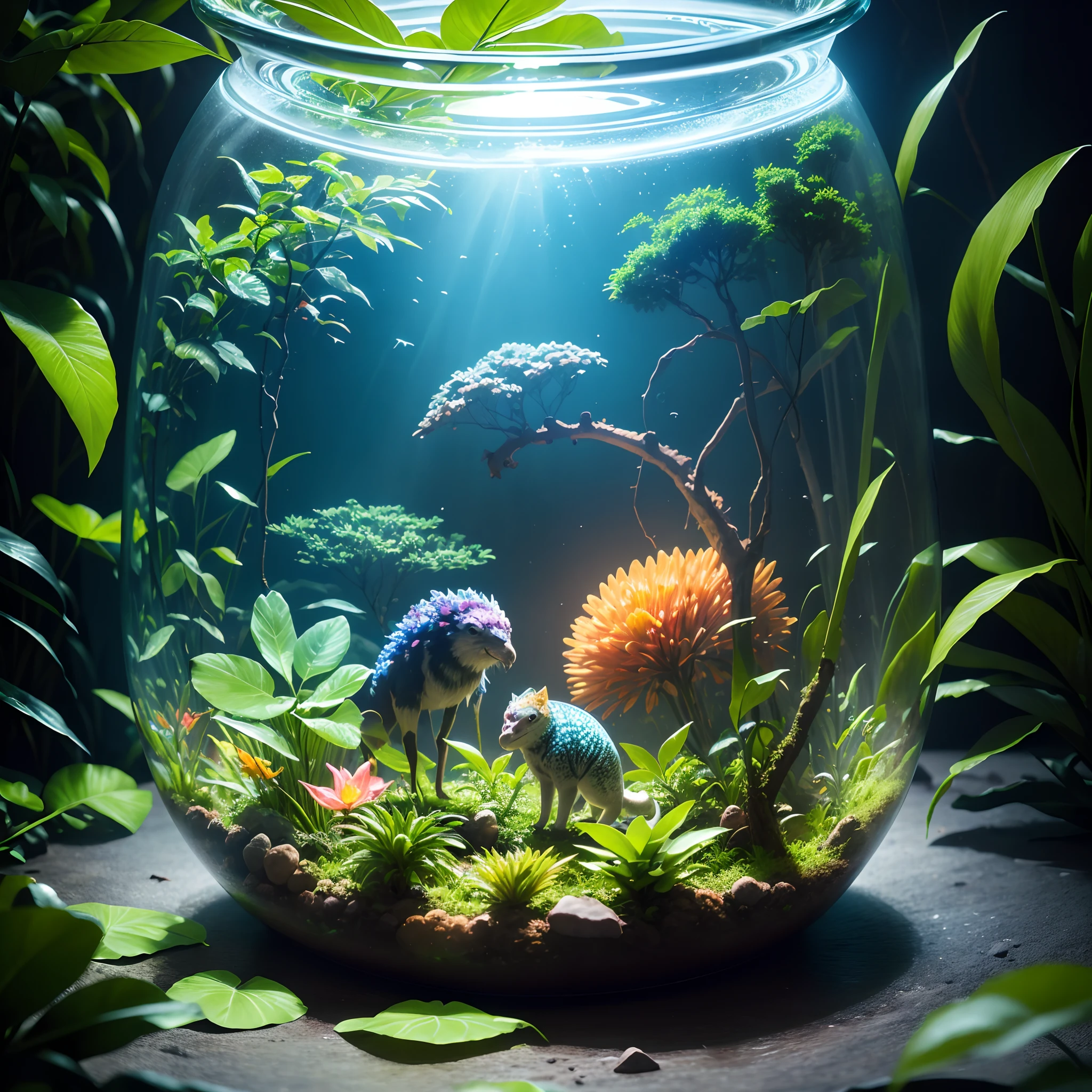 A round terrarium with Amazonian biodiversity, brilhante, cogumelos fofos e neon, Directed by: Alexandre Silva, no estilo das fantasias fotorrealistas, Anime - Designs de Personagens Inspirados, Imagem UHD, Suavemente luminoso, translucent water, Bombacore