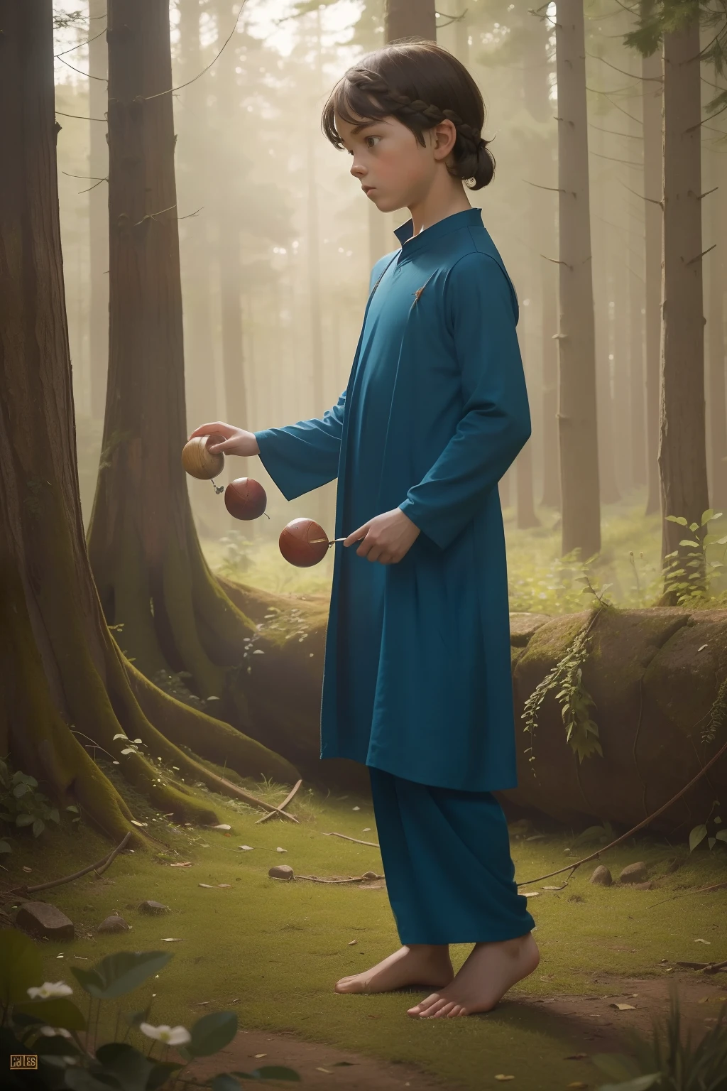 Year: 11th century. Location: England. Pre-raphaelite scene with a 9--old practicing ((juggling)), in the forest, ((frustrated)) ((concentration look)), ((((11th century poor plain tunic)))) ((11th century hairstyle)), (((cinematic style)))