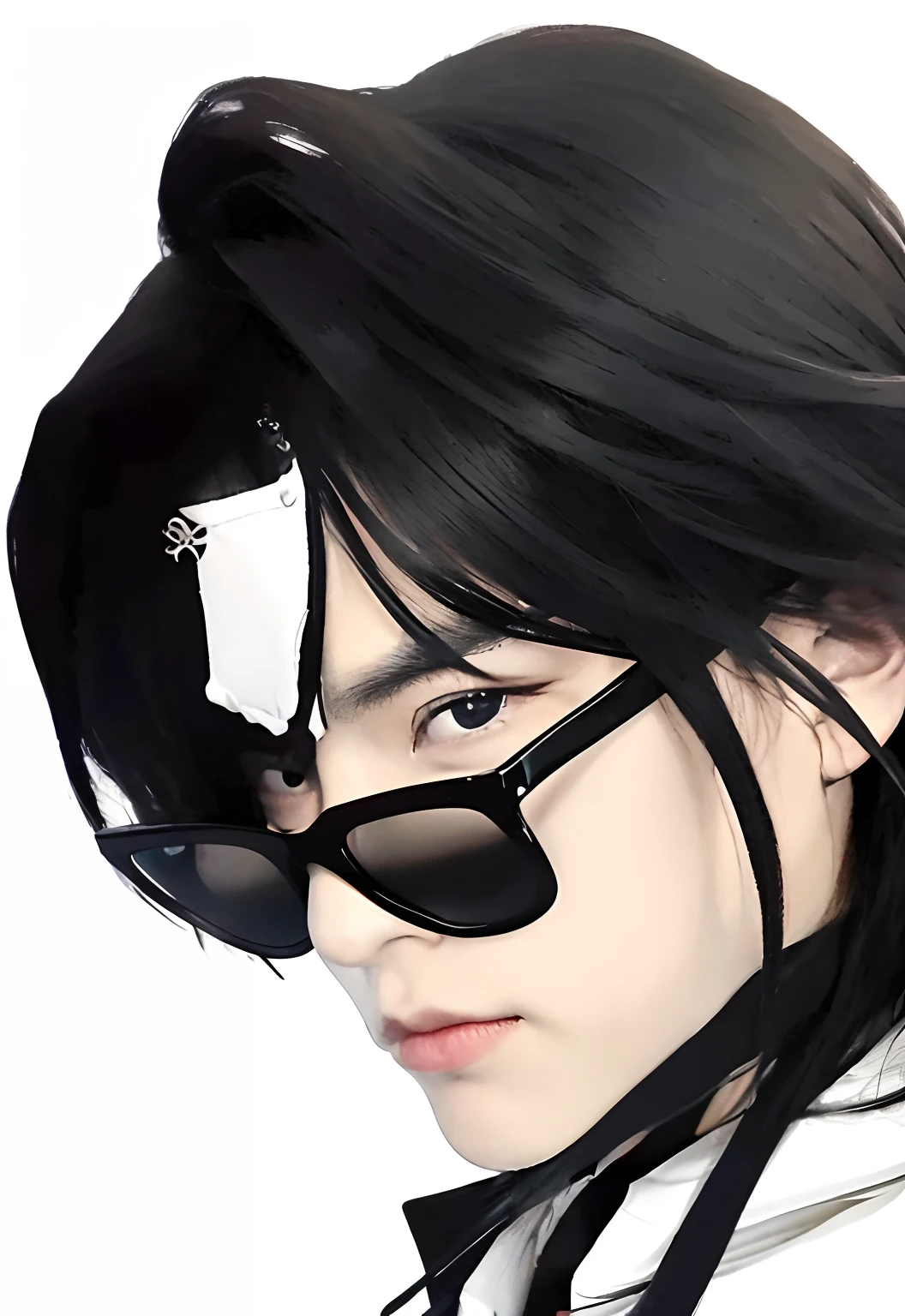 He's a man,jin hobin,He wears a white jacket with a black jacket neck collar and black jacket shoulders, he has two pupils (Polycoria) a bit messy and a little long, he has a toned body, always wears glasses,realistis , ultra detail