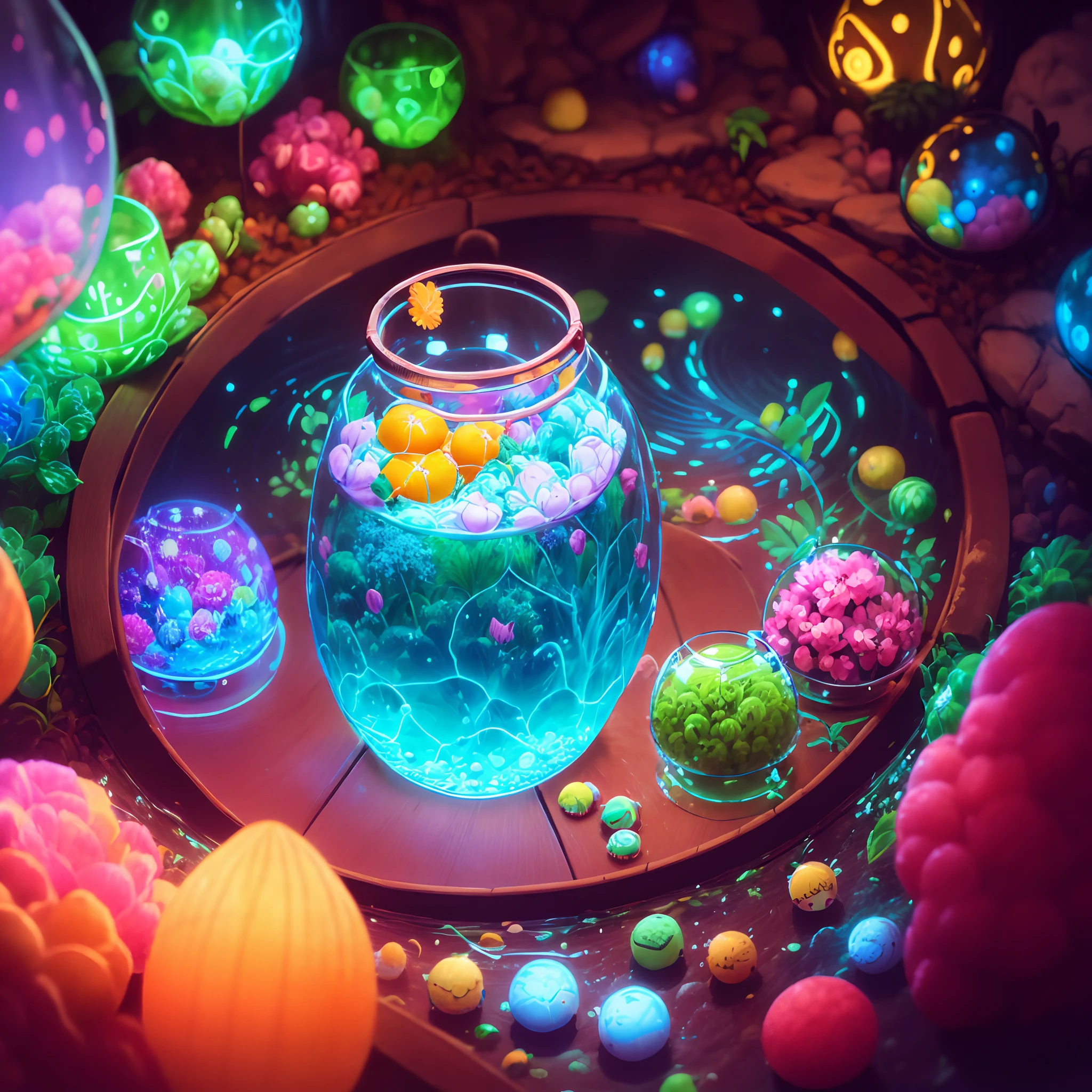 A round terrarium with Amazonian biodiversity, brilhante, cogumelos fofos e neon, Directed by: Alexandre Silva, no estilo das fantasias fotorrealistas, Anime - Designs de Personagens Inspirados, Imagem UHD, Suavemente luminoso, translucent water, Bombacore