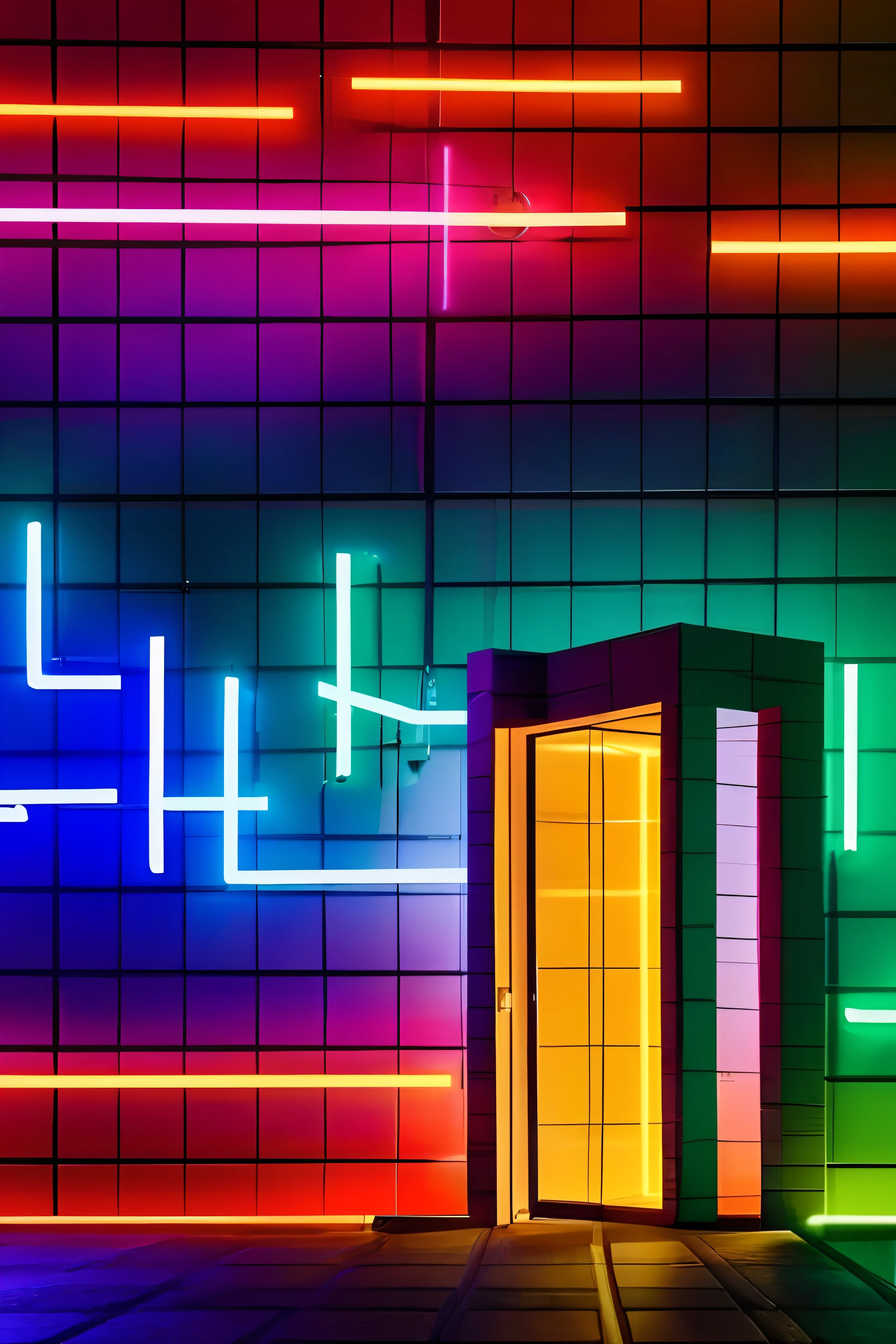 front wall of a nightclub, hidden door, UHD, ultra rendered, high detail, neon, perfectly rendered, fun, hyped up, hidden bar, full detail, glass, wall, with sticker and sign, colorfull, no door