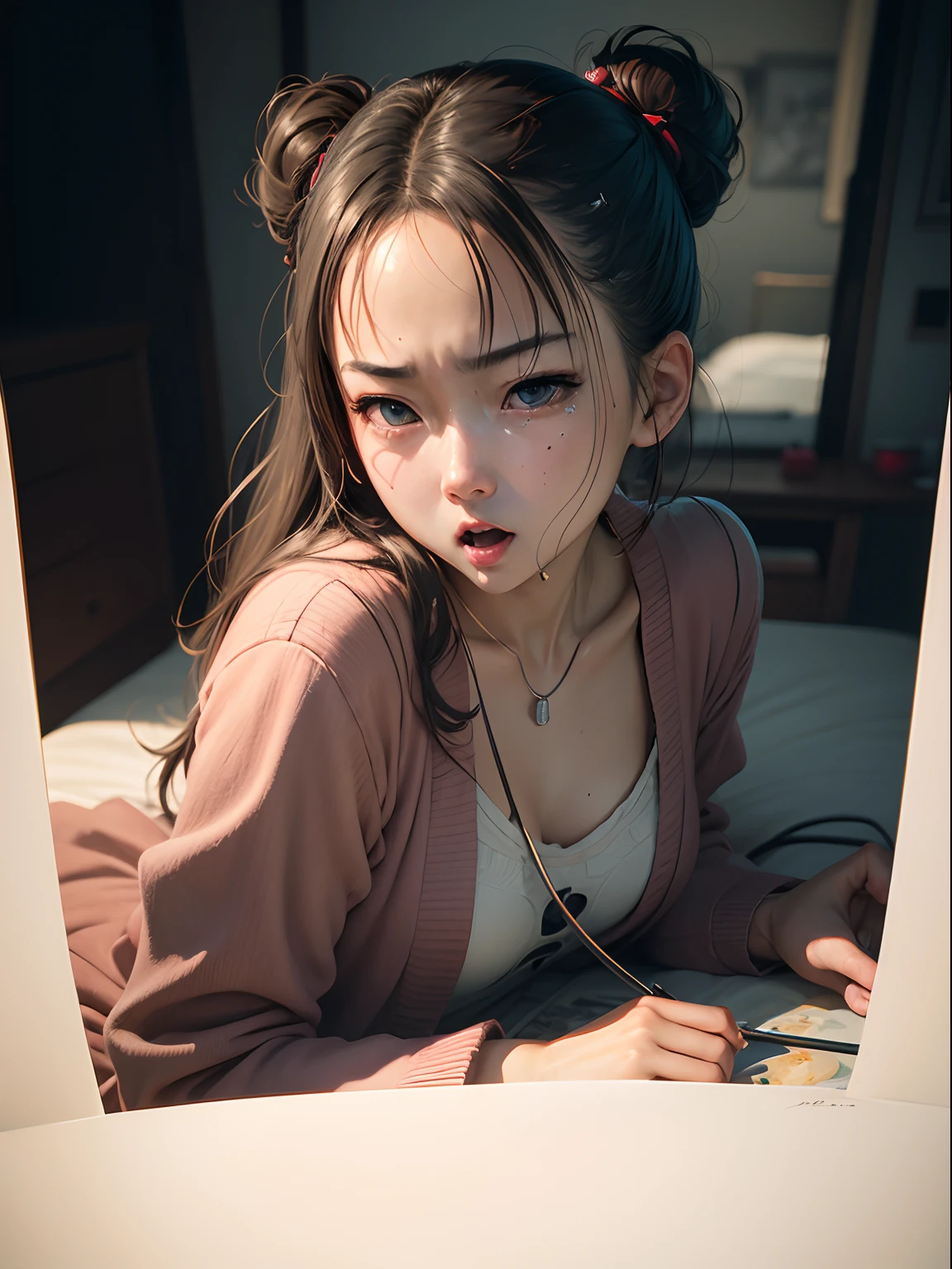 art by katsuya terada, art by range murata, art by akiman, art by JUNNY, happy, eye roll, portrait of beautiful slender Young Japanese girl, crossed eyes, eye roll, drooling profusely, Realistic skin texture, Few moderate moles, head tilt, open mouth wide, flushing face, disheveled hair, bed room, highly detailed, ray tracing, digital painting, concept art, smooth, sharp focus, illustration, 8k