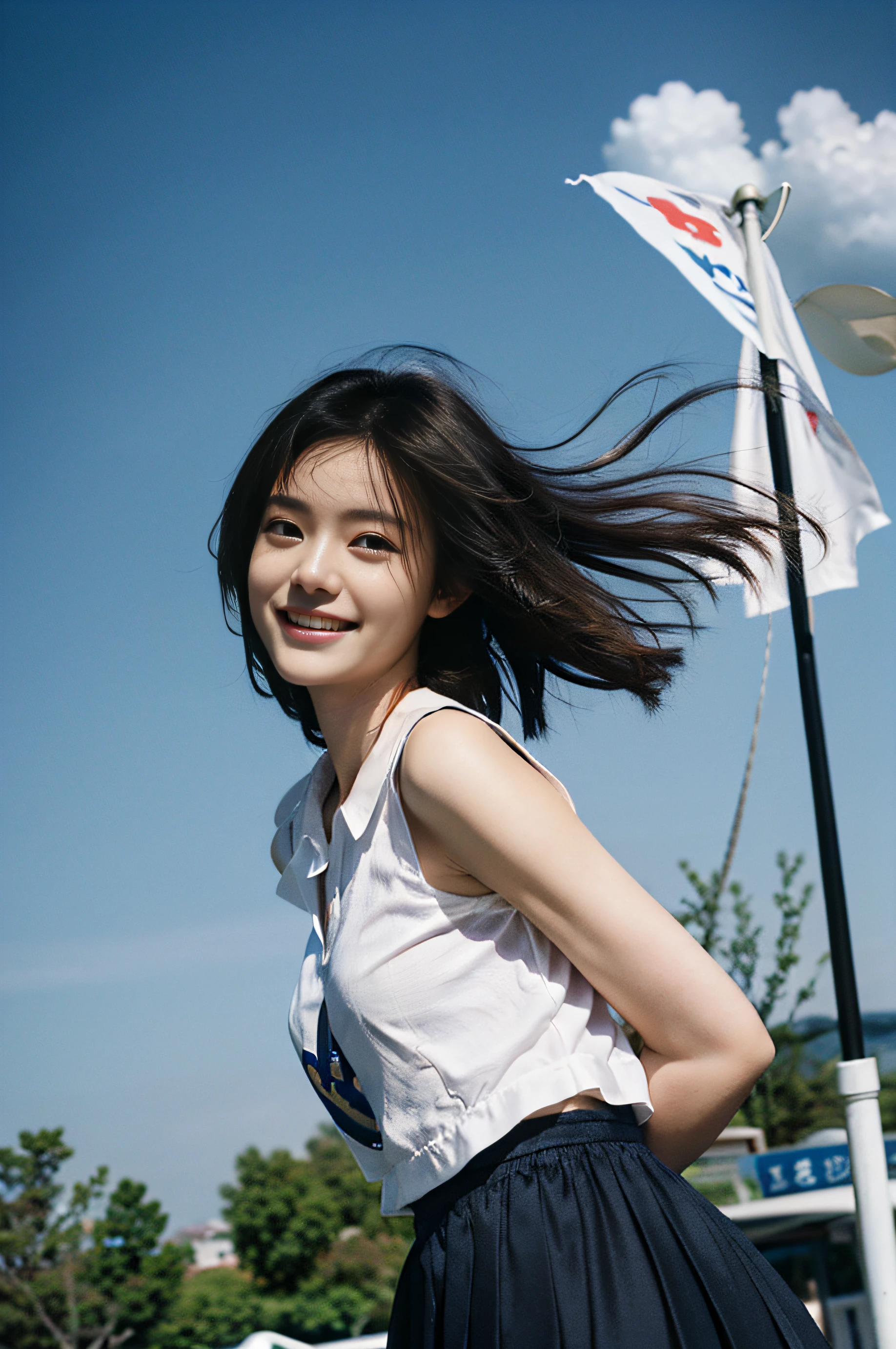 Top image quality、超A high resolution、masutepiece、Photoquality(photographrealistic:1.8)、Delicate skin texture、accuracy、Japan women、17 age、Girl Smile、A dark-haired、Cute dimples、Non-makeup、Shorthair、Boyish girl、Slender girl、hi-school girl、I'm turning my back、posterior view、small ass、beautifully shaped buttocks、Japanese high school girl、Short sleeve shirt with white collar、校服、Dark blue box pleated skirt、Hair that flutters in the wind、The skirt is twisted by the wind、You can see the white panties、open arms、Jumping up、Vibrant Posing、Ryokuchi Park、lawn、blue open sky、white clouds、Midsummer Sun、With smiling eyes、I'm bursting out laughing、laughing out loud、
