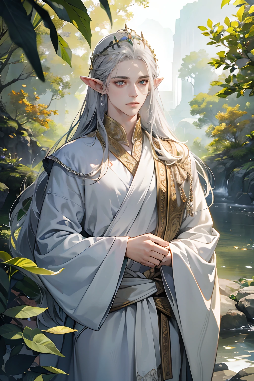 (tmasterpiece, high resolution, ultra - detailed:1.0), (1boy, Young male), Perfect male body, Eyes look at the camera, Extremely detailed CG, Unity 8k wallpaper, Complicated details, solo person, Detailed face, (half closed eyes,Silver eyes,Noble expression,sliver long hair,silver silk robe,Jewelry forehead jewelry,Elf crown),out doors, forest,trees and flowers,waterfalls, Elven style robe,Elven headdress, Expose forehead, color difference, Depth of field, dramatic shadow, Ray tracing, Best quality, offcial art,