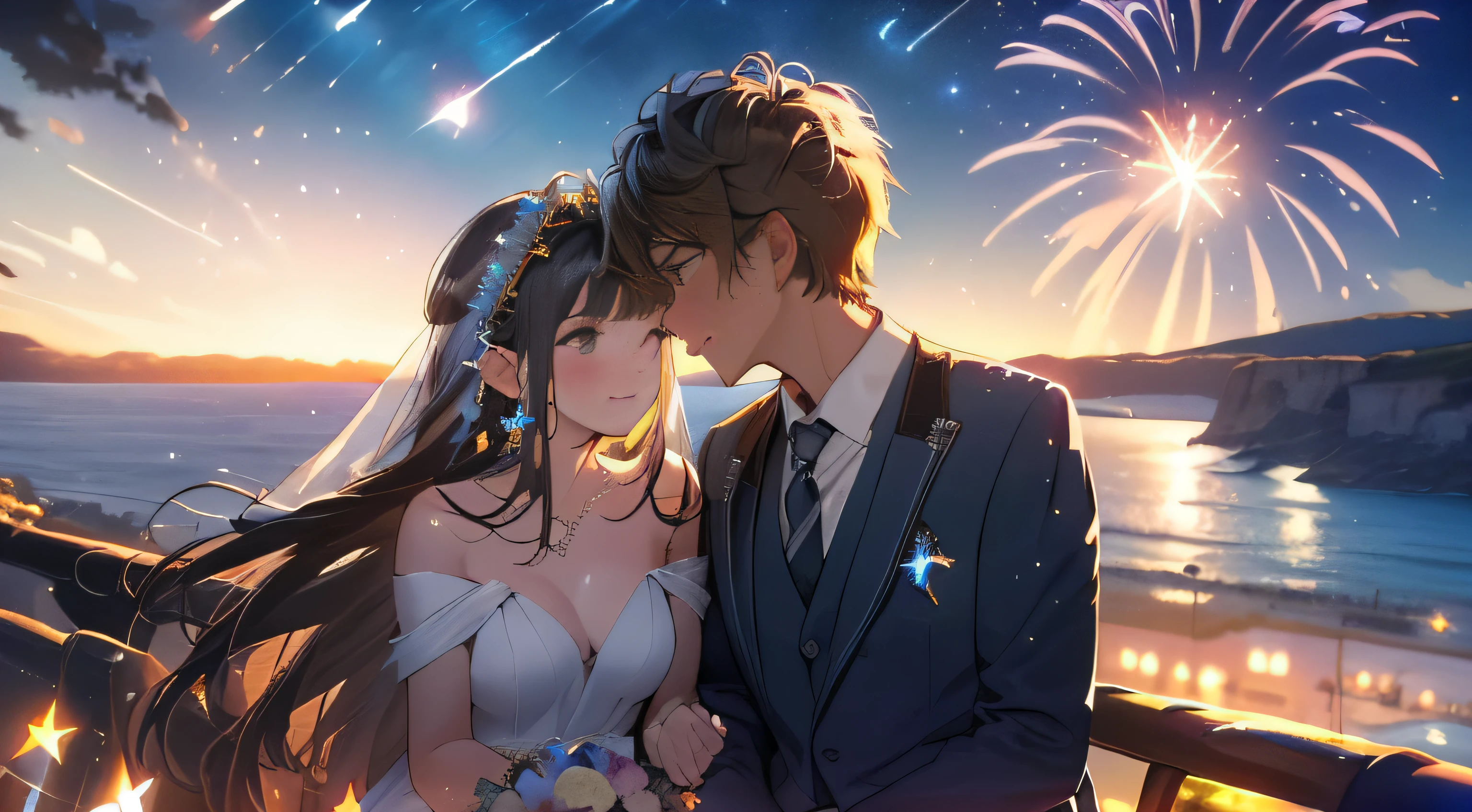 a young man and a woman,cliffside,Under the cliffs is the sea,kisses,Natural expression,((Best quality, A high resolution, Masterpiece:1.2)), (Romantic), (newlyweds:1),(Happy smile),(Clear facial features:1.5), Delicate facial features, Clear facial features, Optimized details,(Stargazing at the top of the mountain), (Spectacular sky fireworks display), (Colorful fireworks), (Giant fireworks), (Wedding dress), (suit), (glittering stars:1.5), Romantic couple photo, cinematic Film still from