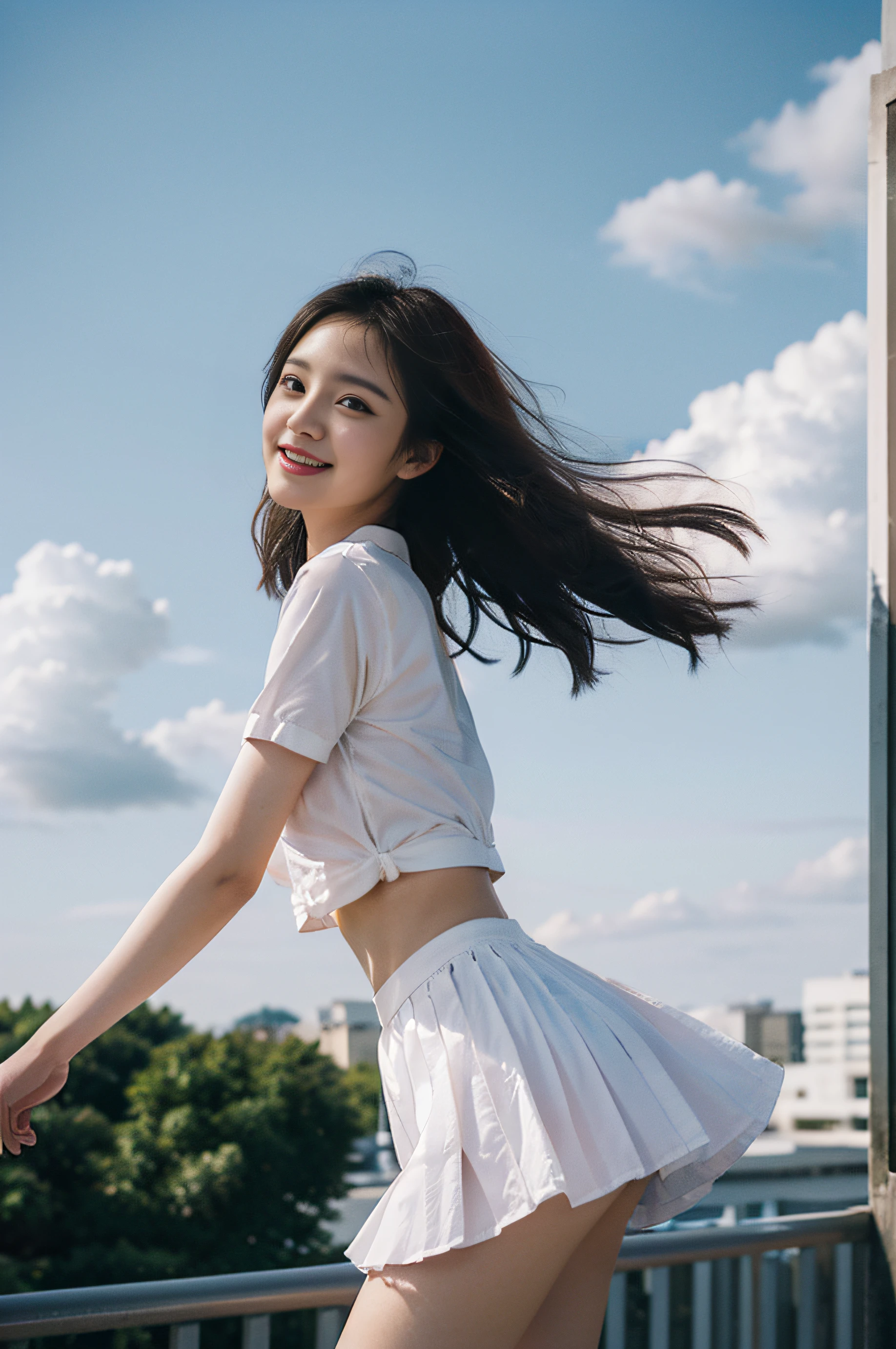 Top image quality、超A high resolution、masutepiece、Photoquality(photographrealistic:1.8)、Delicate skin texture、accuracy、Japan women、17 age、Girl Smile、A dark-haired、Cute dimples、Non-makeup、Shorthair、Boyish girl、Slender girl、hi-school girl、I'm turning my back、posterior view、small ass、beautifully shaped buttocks、Japanese high school girl、Short sleeve shirt with white collar、校服、Dark blue box pleated skirt、Hair that flutters in the wind、The skirt is twisted by the wind、You can see the white panties、open arms、Jumping up、Vibrant Posing、Ryokuchi Park、lawn、blue open sky、white clouds、Midsummer Sun、With smiling eyes、I'm bursting out laughing、laughing out loud、