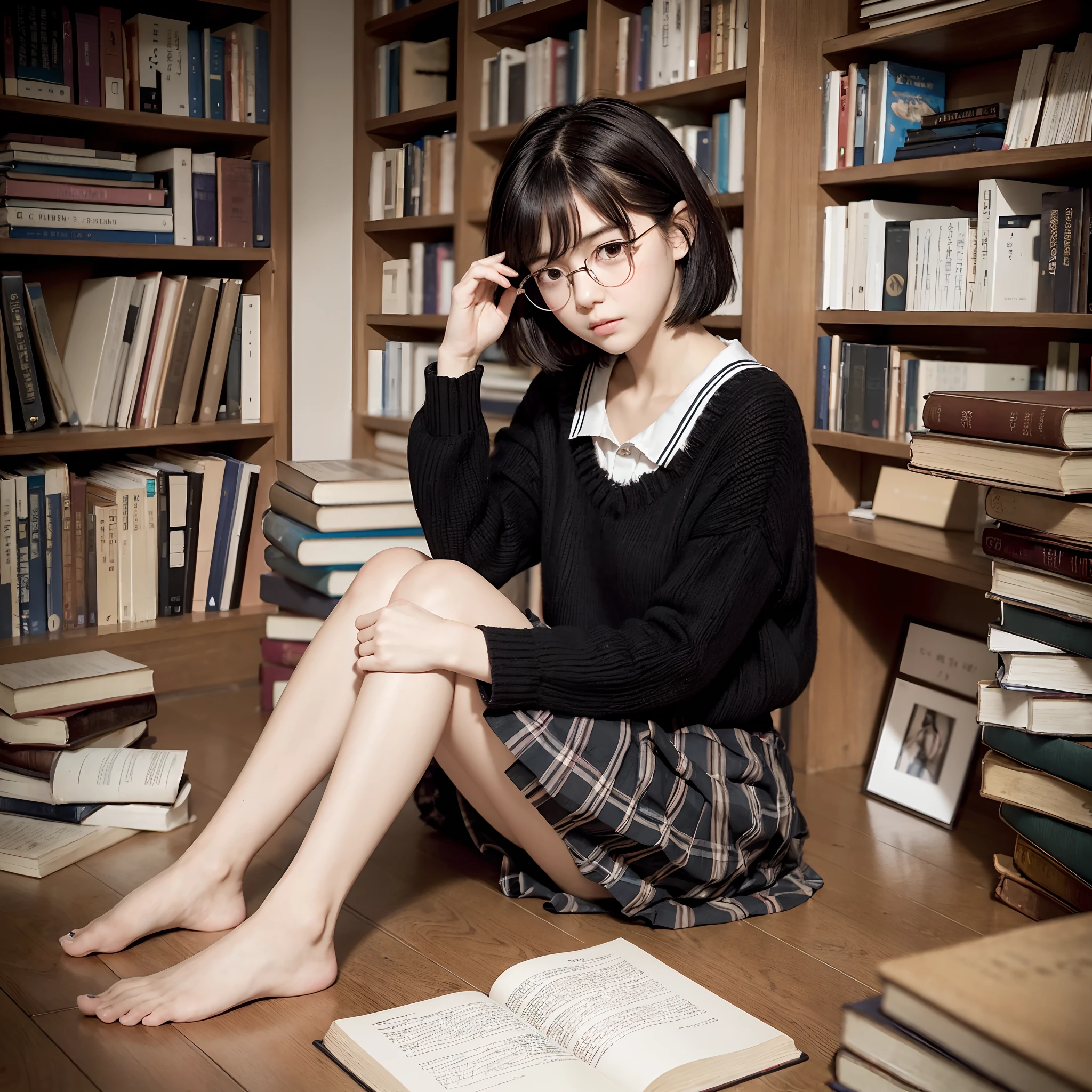 masterpiece、top-quality、High-quality images、hight resolution、in 8K、1lady、Photorealsitic、detaileds、Detailed eye depiction、skin gloss、Lustrous hair、((Black short-haired、More disheveled hair、I'm wearing round glasses、Emotional manifestation:1.3))、dim room、Narrow old room、many bookshelves、Books piled on the floor、Pile of used books、Sitting on the floor and reading a book、Shy and quiet girl、Japan girls at 16 years old、Barefoot Girl、obedient character、Not very confident、real face、care、Good posture、School uniform、Pleated skirt、plaid skirts、cinematlic lighting