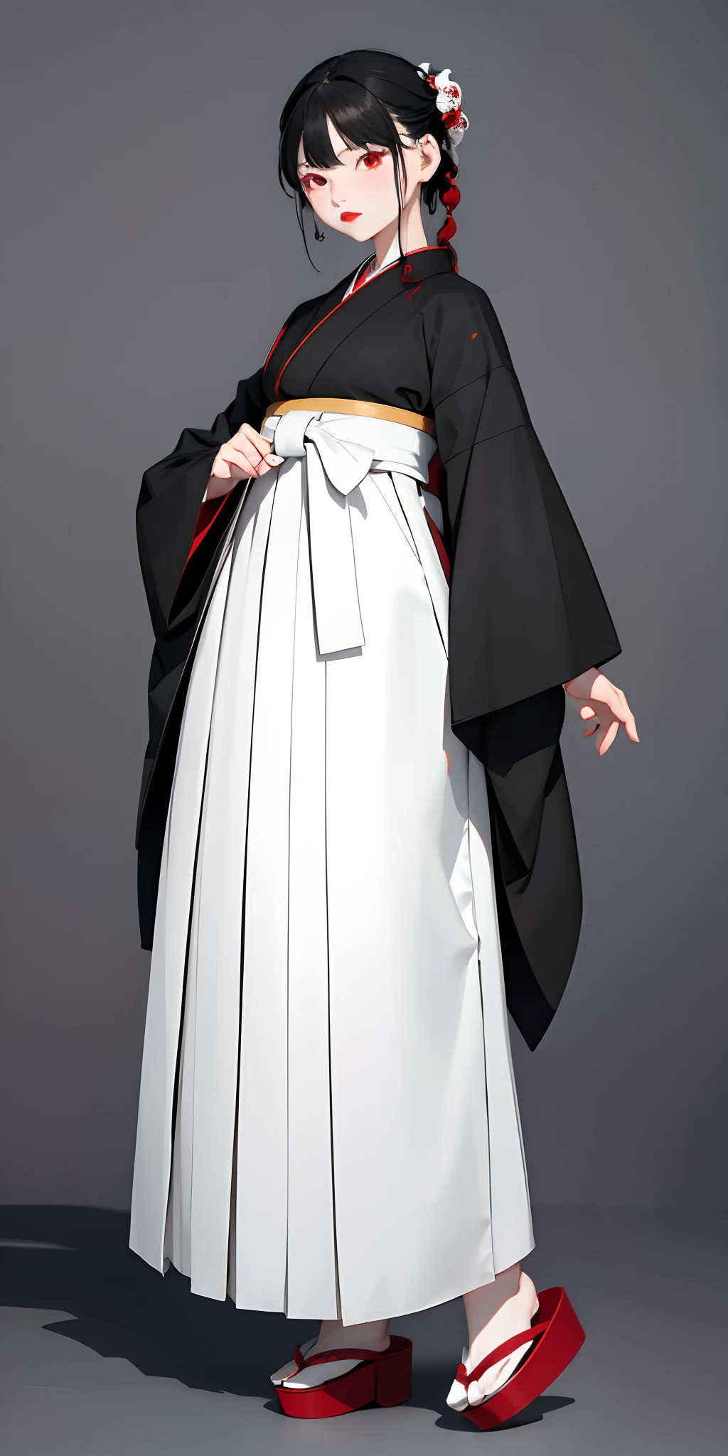 top-quality、masterpiece、1 girl in、Black background、Black background、Full Body Angle、White and black hakama、Hakama、Standing、black backgrounds、white hair:1.5、Red Eyes、red-lips、white clothes、Black and white world、Black and white world、light skinned、Side braid