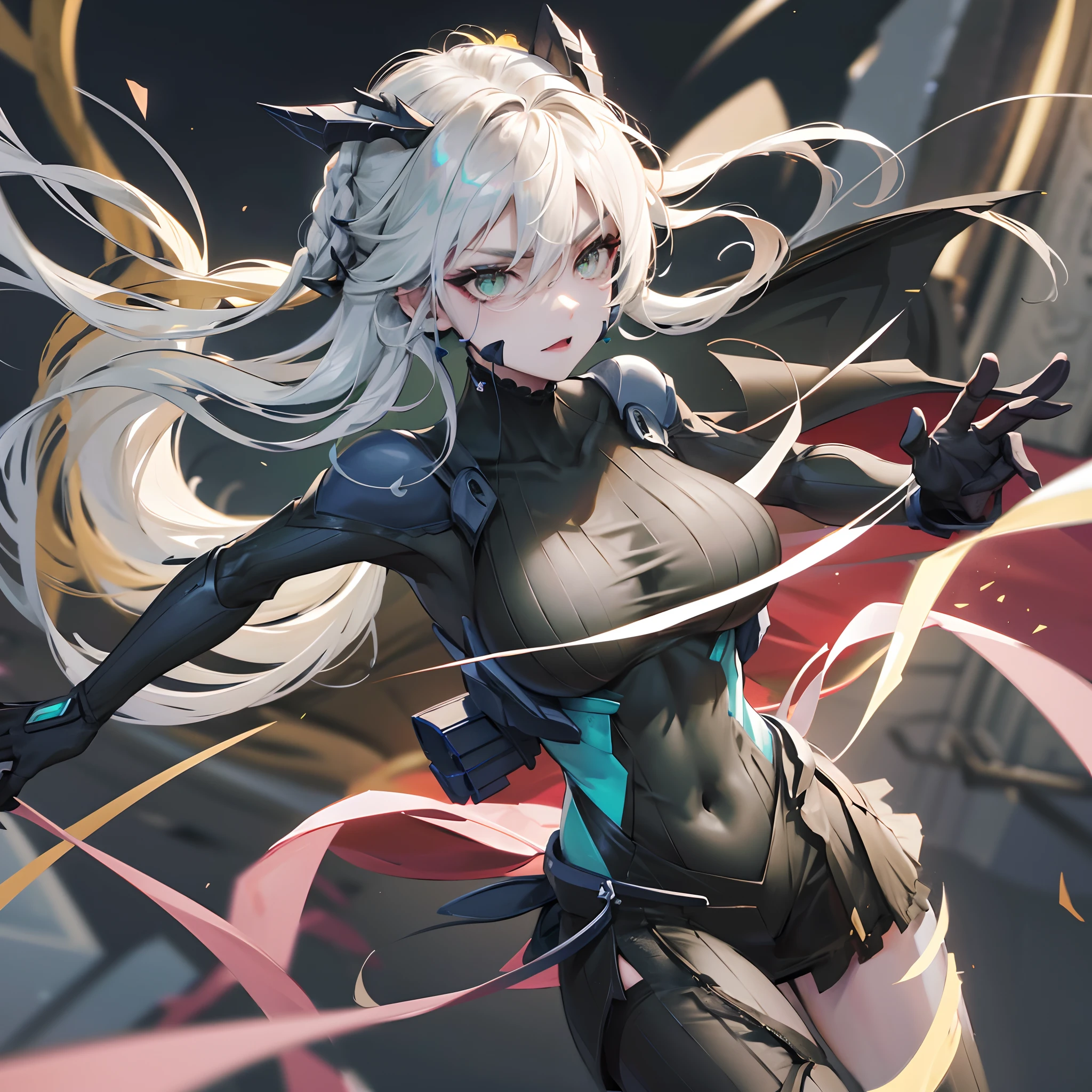 (Highres, best quality,8k,raytracing,1 girl, solo), (young woman, medium breasts,futuristic combatant, black and blue bodysuit, light combat suit, intricate bodysuit, frills, mini skirt), white hair,loose hair, black fringes, bloodied bodysuit, (detailed green eyes, glimmer), sidebangs, hair between eyes, jumping towards the viewer, eyes wide open, serious expression, cold look