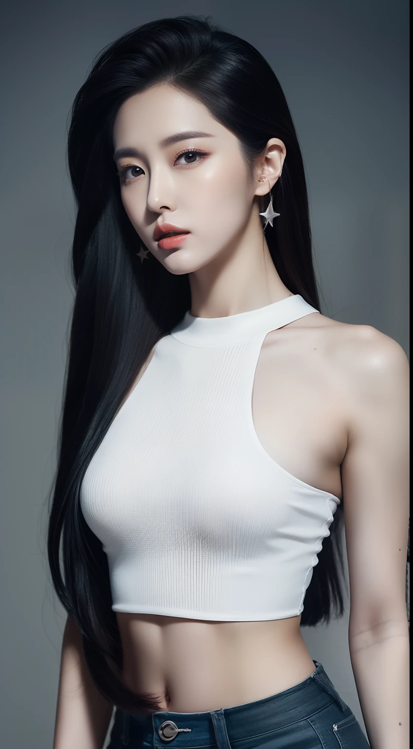 realistic photos of 1 cute Korean star, long slicked  hair back, white skin, 32 inch breasts size, wearing black crop top, pants, The tower is background, upper body portrait, dithering, UHD