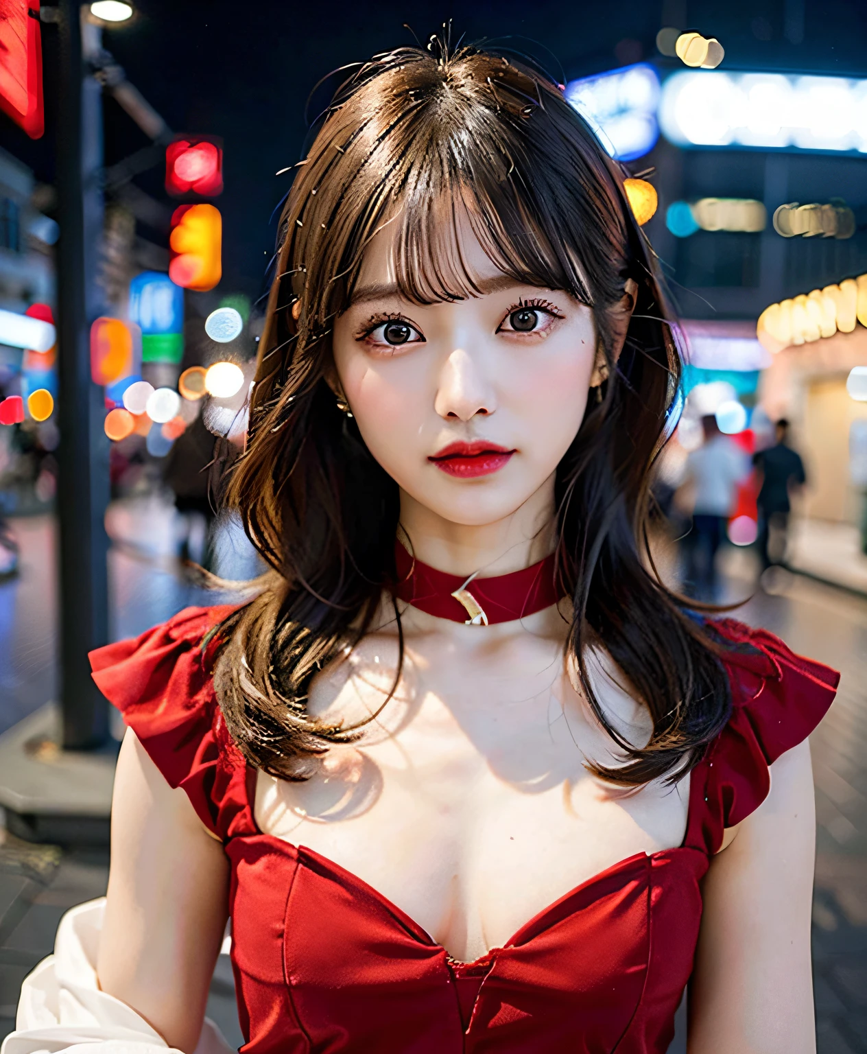 ((Realistic lighting, highest quality, 8k, masterpiece: 1.3)), Clear focus: 1.2, 1 girl, Perfect body beauty: 1.4, Slim Abs: 1.1, ((Dark brown hair, Big Breasts: 1.3)), (Finished with body paint，Dark Brown Transparent Scale Silk Lace Queen: 1.4), (outside, Night view: 1.1),Chinatown，yokohama，Body Paint Dresses， whole body, Long legs, Highly detailed face, Beautiful Eyes, double eyelid，A charming smile
