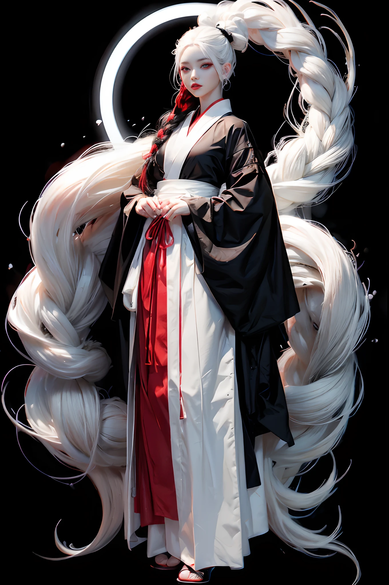top-quality、masterpiece、1 girl in、Black background、Black background、Full Body Angle、White and black hakama、Hakama、Standing、black backgrounds、white hair:1.5、Red Eyes、red-lips、white clothes、Black and white world、Black and white world、light skinned、Side braid