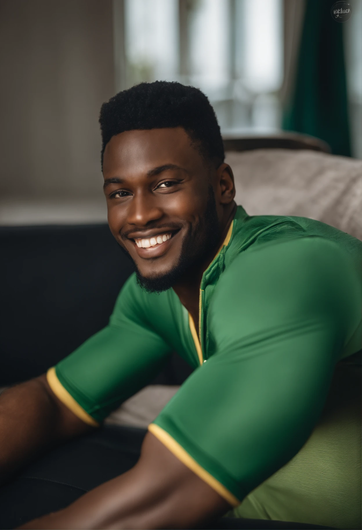A man in a green swimsuit lying on a black sofa, Vue frontale, environ 1 9 ans, Emmanuel Shiru, 2 7 ans, Relax and smile at the camera, Selfie!!!!! of a man, Areas of Adebanji, avec un beau sourire, clean shaven face, 2 9 ans, 2 8 ans