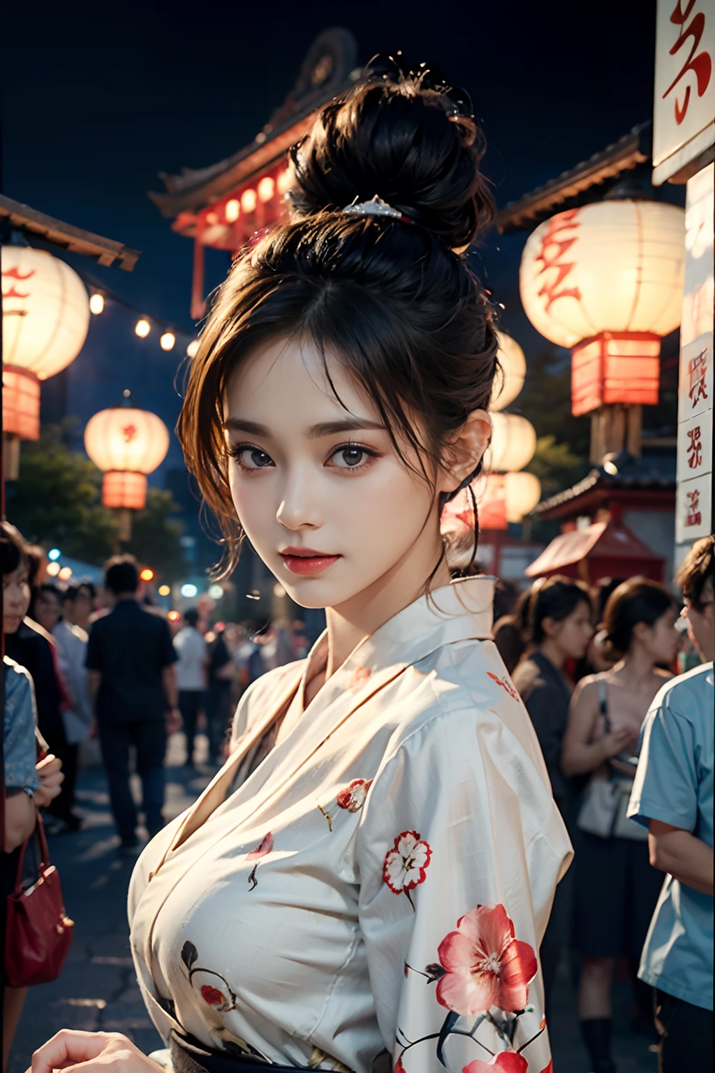 电影灯光，(((tmasterpiece))), ((best qualtiy)), ((intricate and detailed)), ((Ultra-realistic realism)), 4K,1beautiful woman, 25-years old, poneyTail,Ultra-fine yukata,beautiful countenance,Beautiful brown eyes,face perfect,A slender,large full breasts,having a good time, Large fishbowl , Swirling flocks of goldfish, Floating goldfish, Graphic illustration, see fishes swimming,A lot of goldfish, amazing depth, Cutest, Lots of fish balls,Goldfish scooping at a summer festival, (The background is the summer festival of the shrine:1.4), Silver hair, split ponytail, star-shaped pupils, conceptual art, Art Nouveau, Glowing light, nffsw, Textured skin, masutepiece, Anatomically correct, Best Quality, 8K