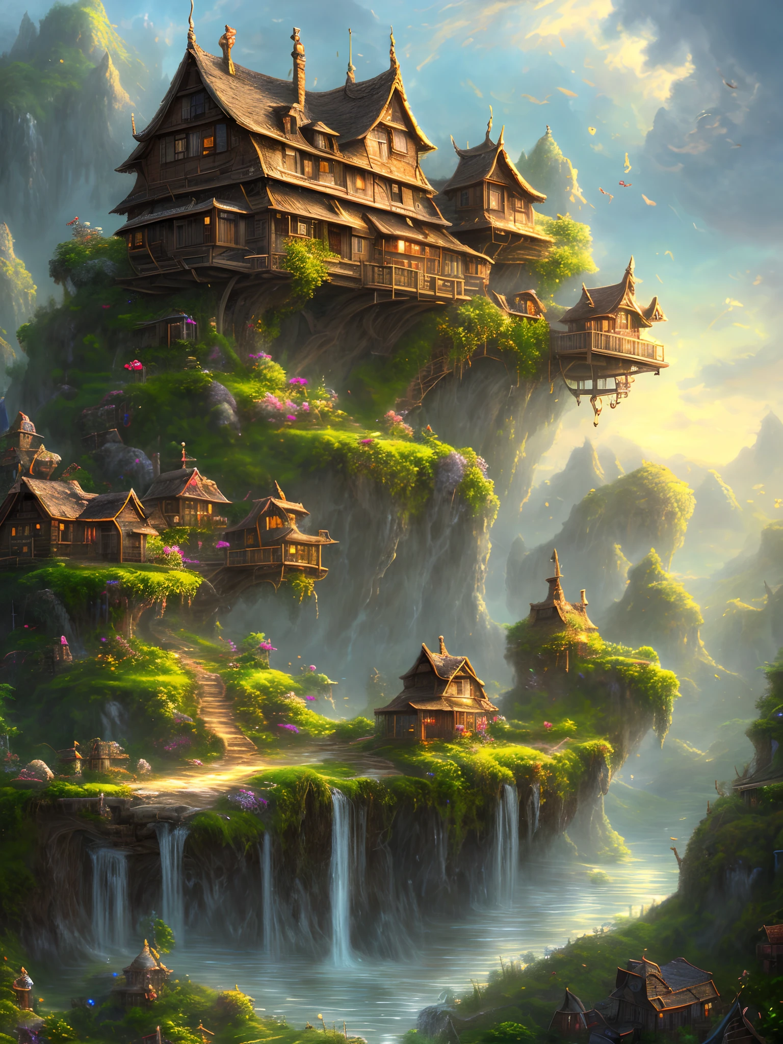 a painting of a house on a floating island with a bridge, 4k highly detailed digital art, 4k detailed digital art, 8k vertical wallpaper, 8 k vertical wallpaper, 4 k vertical wallpaper, 4k vertical wallpaper, 8k high quality detailed art, 4 k hd illustrative wallpaper, 8k stunning artwork, incredibly high detailed