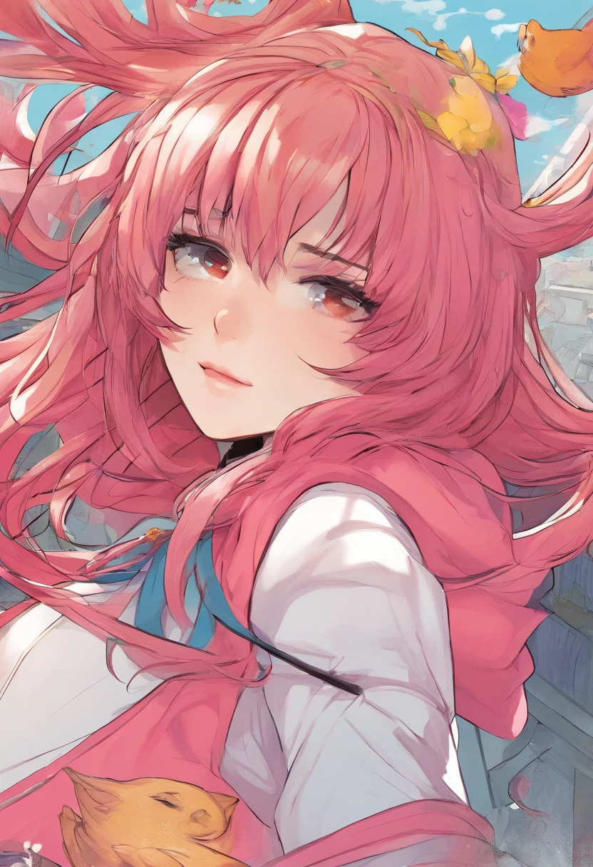 1girl, black necklace, brown hair, brown hair, necklace, closed mouth, dyed hair near eyes, pink hair near eyes, hair between eyes, hood, hoodie, long hair, long sleeves, colorful hair, outdoors, pink hair , ponytail, red eyes, shirt, solo, two-tone hair, very long hair, red hoodie