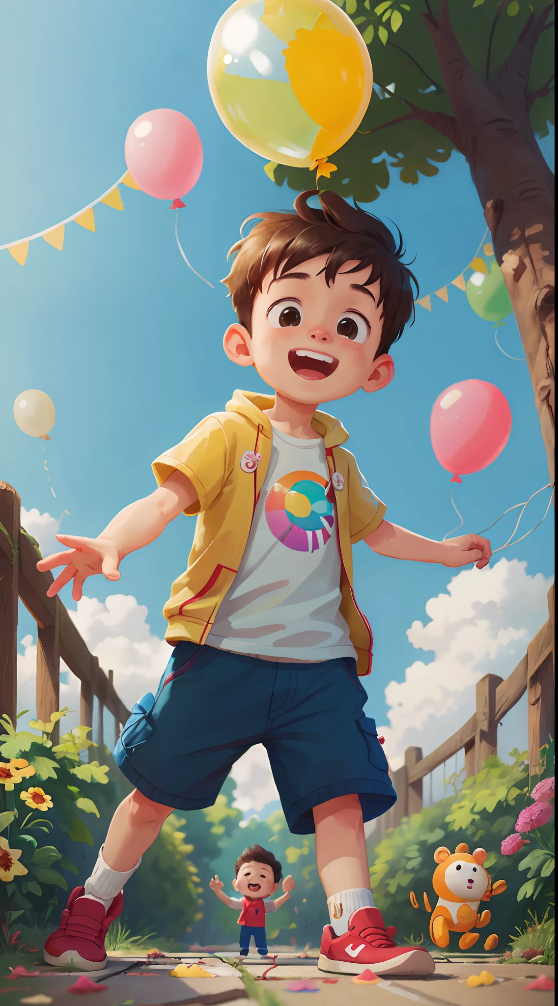 A boy, zoo, many balloons, happy, happy, perfect quality, clear focus (clutter-home: 0.8), (masterpiece: 1.2) (realistic: 1.2) (bokeh) (best quality) (detailed skin: 1.3) (intricate details) (8K) (detail eyes) (sharp focus), (happy)
