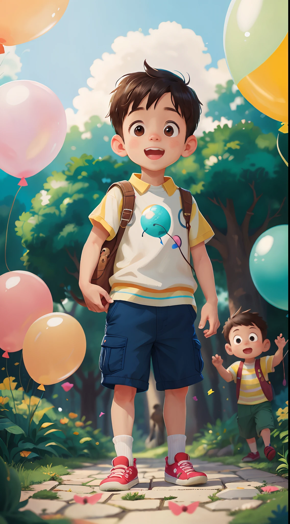a boy, OK, many balloons, happy, happy, Perfect quality, Clear focus (messy home: 0.8), (masterpiece: 1.2) (actual: 1.2) (Bokeh) (最OK质量) (Delicate skin: 1.3) (intricate details) (8K) (Detailed eyes) (sharp focus), (happy)