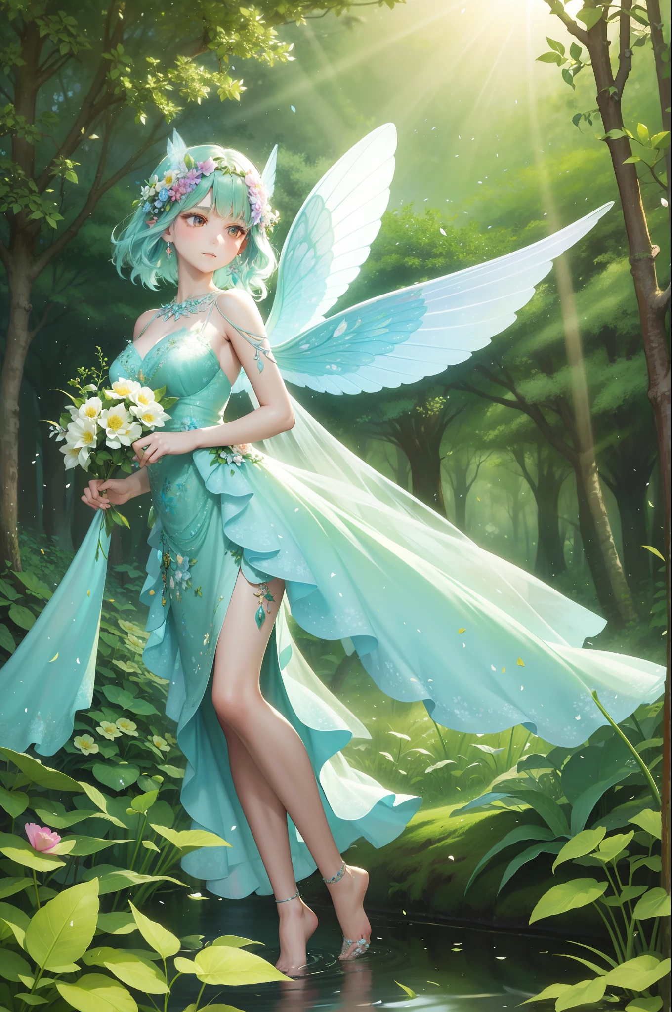 (masterpiece)8K分辨率、top-quality、Flower fairy enjoying the scent of flowers、blondehair、green colored eyes、Hazel eyes、Delicate full-body image、fantasy-inspired、Gentle smile、No chemomimi