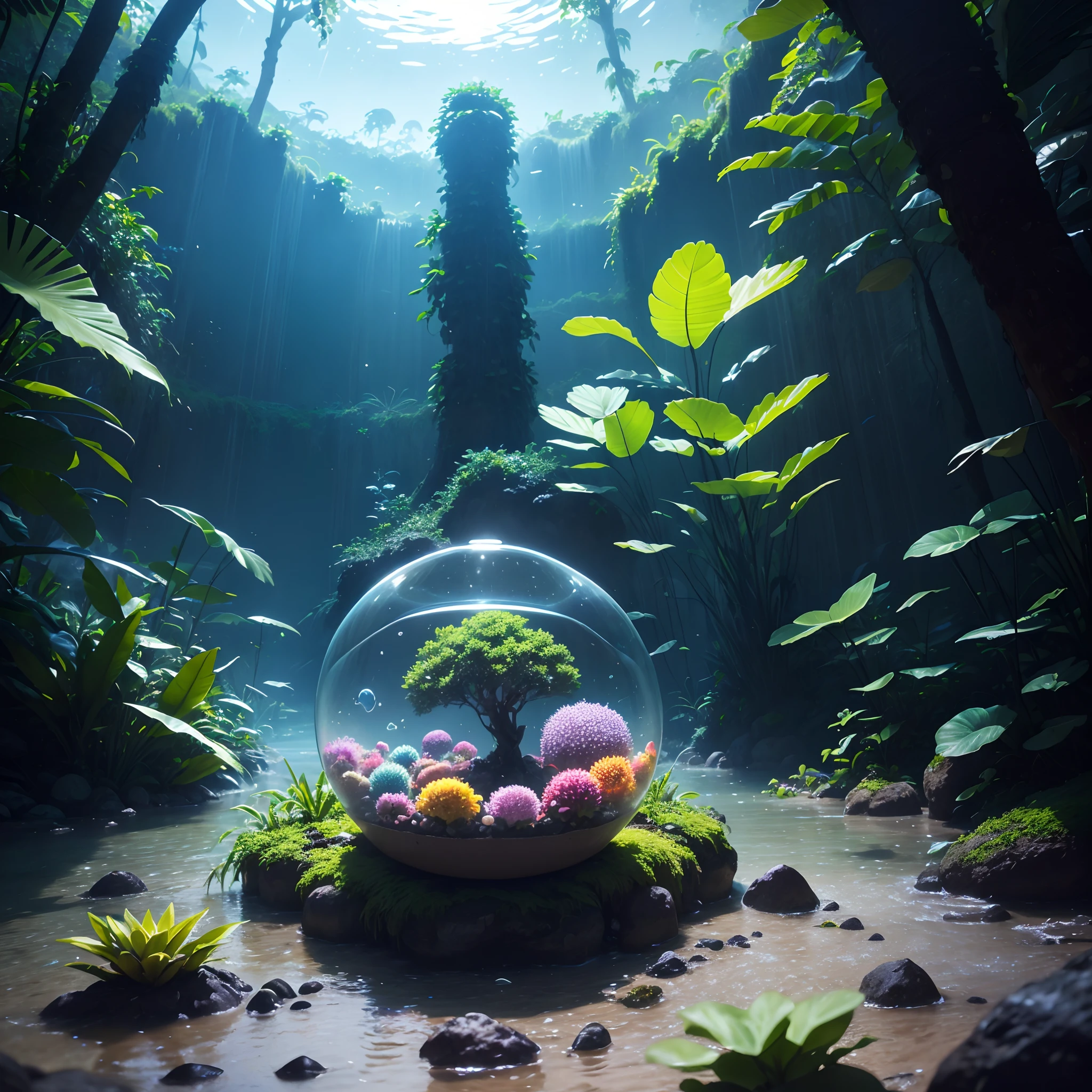 A round terrarium with Amazonian biodiversity, brilhante, cogumelos fofos e neon, Directed by: Alexandre Silva, no estilo das fantasias fotorrealistas, Anime - Designs de Personagens Inspirados, Imagem UHD, Suavemente luminoso, translucent water, Bombacore