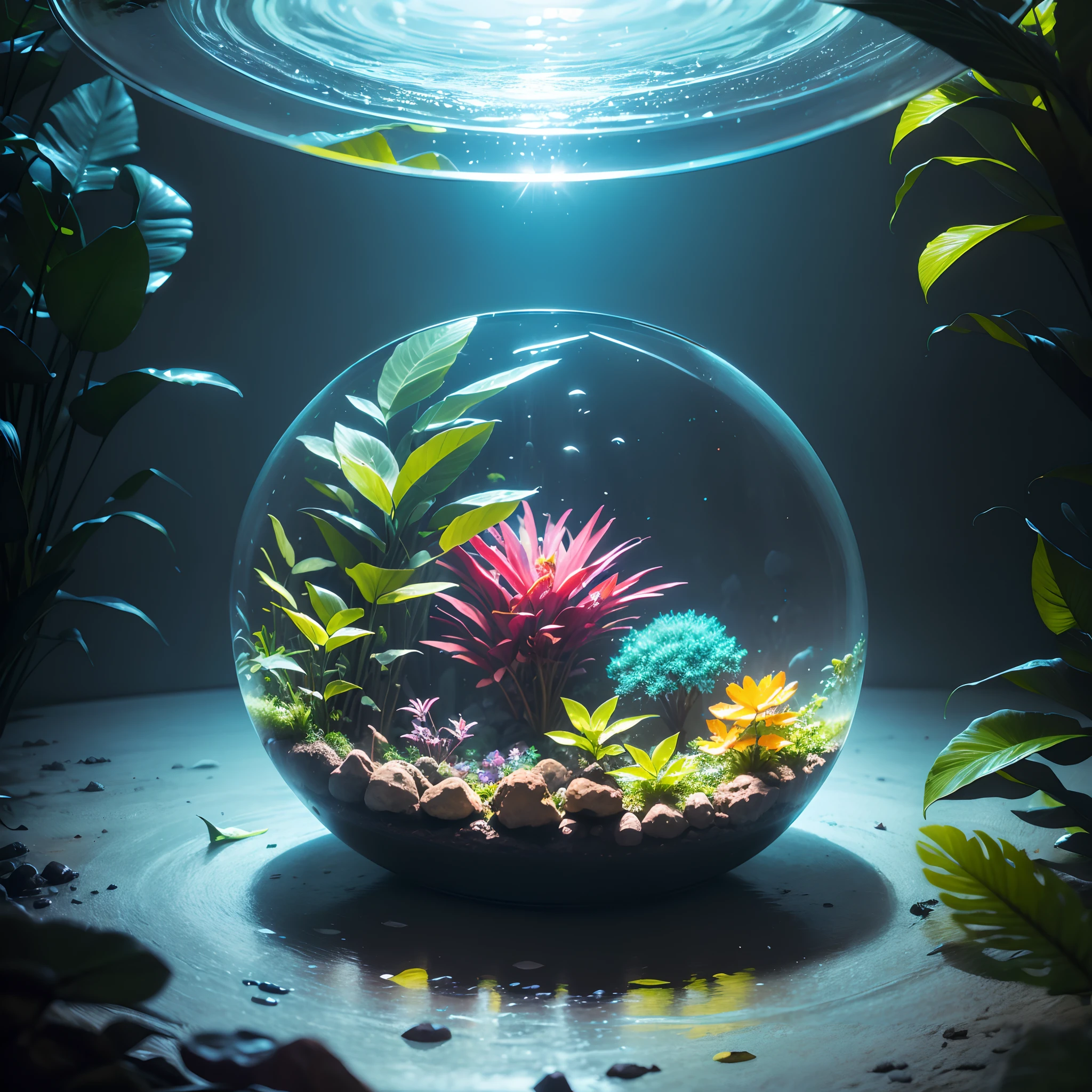 A round terrarium with Amazonian biodiversity, brilhante, cogumelos fofos e neon, Directed by: Alexandre Silva, no estilo das fantasias fotorrealistas, Anime - Designs de Personagens Inspirados, Imagem UHD, Suavemente luminoso, translucent water, Bombacore