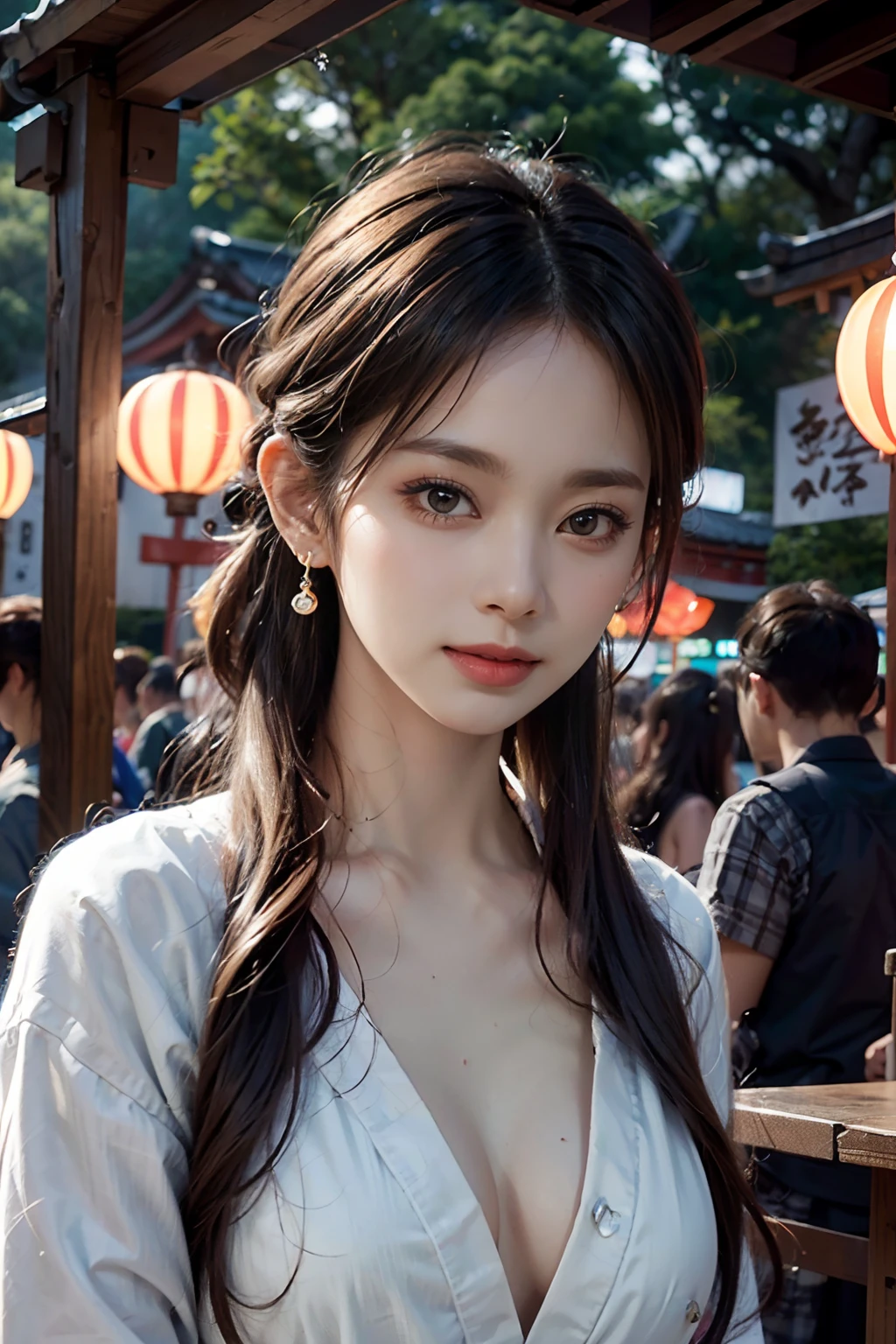 电影灯光，(((tmasterpiece))), ((best qualtiy)), ((intricate and detailed)), ((Ultra-realistic realism)), 4K,1beautiful woman, 25-years old, poneyTail,Ultra-fine yukata,beautiful countenance,Beautiful brown eyes,face perfect,A slender,large full breasts,having a good time, Large fishbowl , Swirling flocks of goldfish, Floating goldfish, Graphic illustration, see fishes swimming,A lot of goldfish, amazing depth, Cutest, Lots of fish balls,Goldfish scooping at a summer festival, (The background is the summer festival of the shrine:1.4), Silver hair, split ponytail, star-shaped pupils, conceptual art, Art Nouveau, Glowing light, nffsw, Textured skin, masutepiece, Anatomically correct, Best Quality, 8K