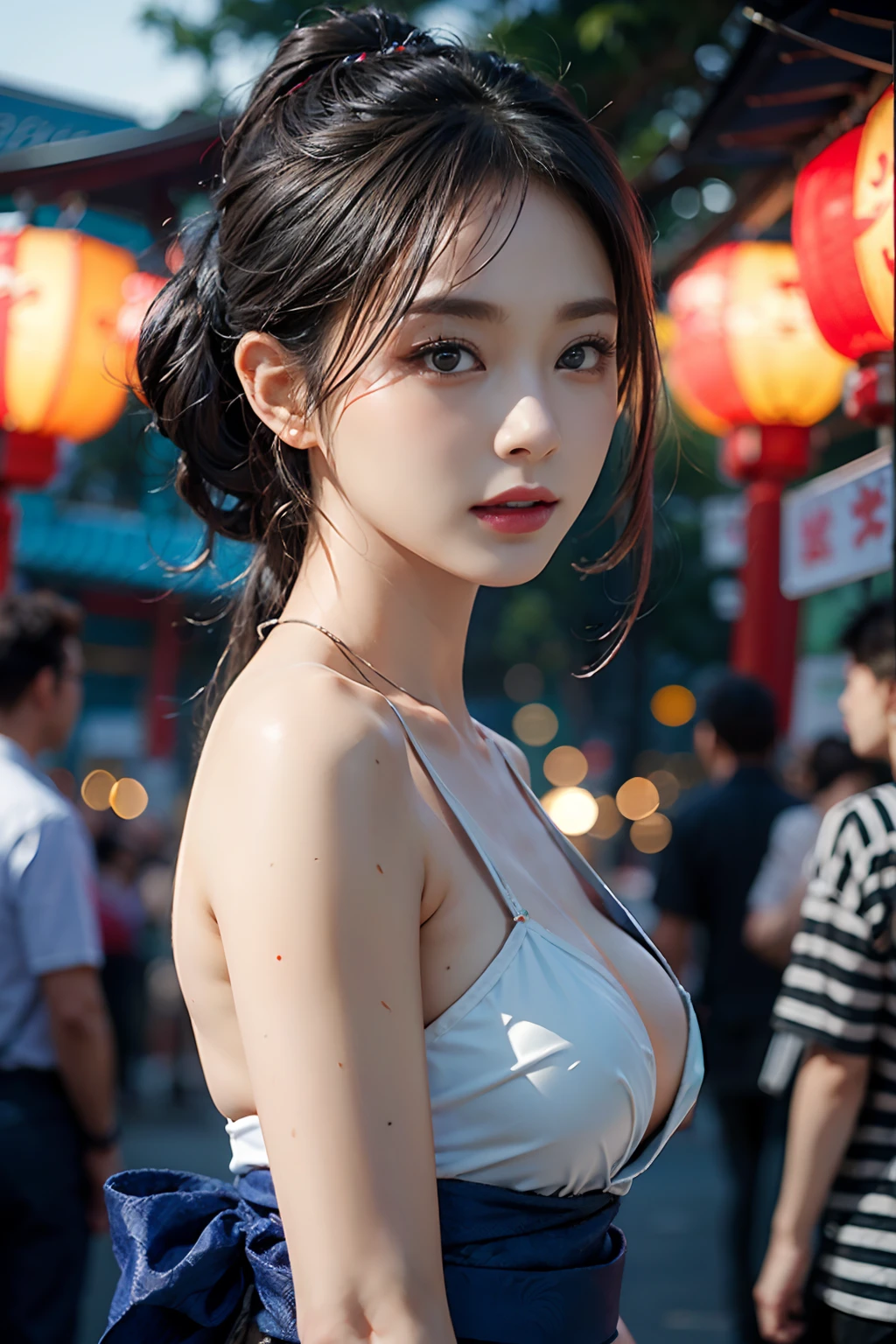 灯光，(((tmasterpiece))), ((best qualtiy)), ((intricate and detailed)), ((Ultra-realistic realism)), 4K,1beautiful woman, 25-years old, poneyTail,Ultra-fine yukata,beautiful countenance,Beautiful brown eyes,face perfect,A slender,large full breasts,having a good time, Large fishbowl , Swirling flocks of goldfish, Floating goldfish, Graphic illustration, see fishes swimming,A lot of goldfish, amazing depth, Cutest, Lots of fish balls,Goldfish scooping at a summer festival, (The background is the summer festival of the shrine:1.4), Silver hair, split ponytail, star-shaped pupils, conceptual art, Art Nouveau, Glowing light, nffsw, Textured skin, masutepiece, Anatomically correct, Best Quality, 8K