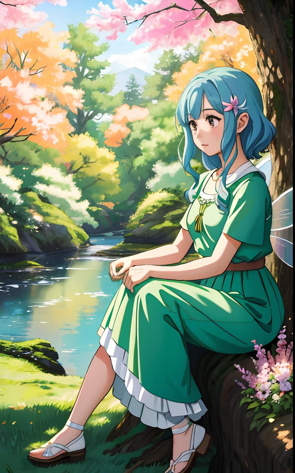 Inspirado en la obra de Motomi Minamoto 、(Arte lineal_anime),(colores pastel), girl,Fondo magico de cuento de hadas bosque, Entire tree in the background, vista de lejos, hada , cuento de hadas, magico, alas en la espalda enormes, cuerpo completo, Magic Fairy Clothes, complete giant tree